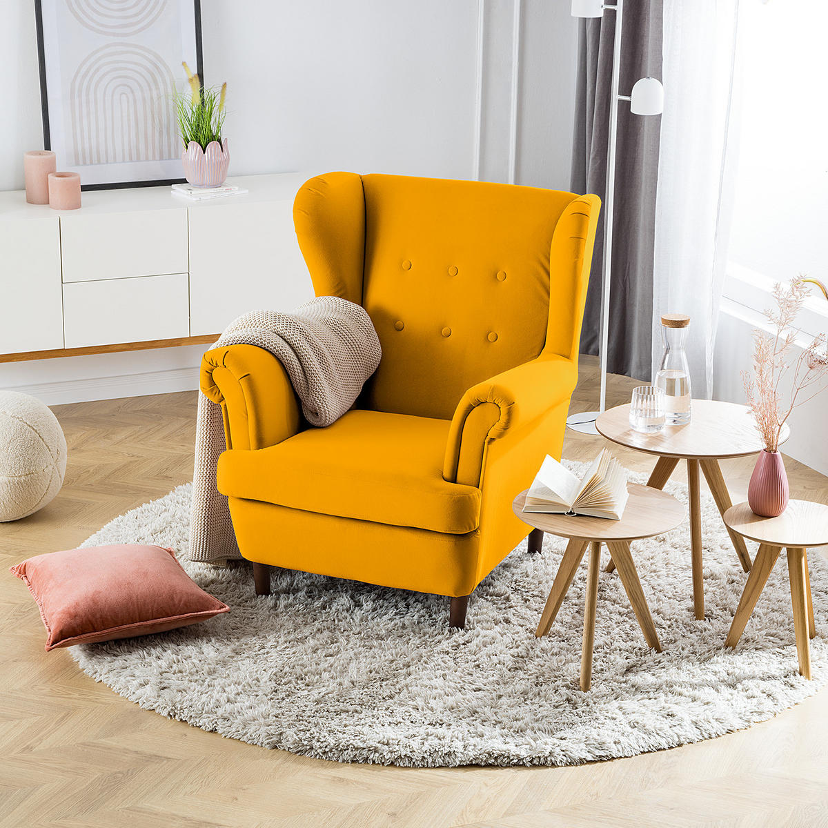 OHRENSESSEL - Dunkelbraun/Gelb, Textil (85/101/89cm) - home24