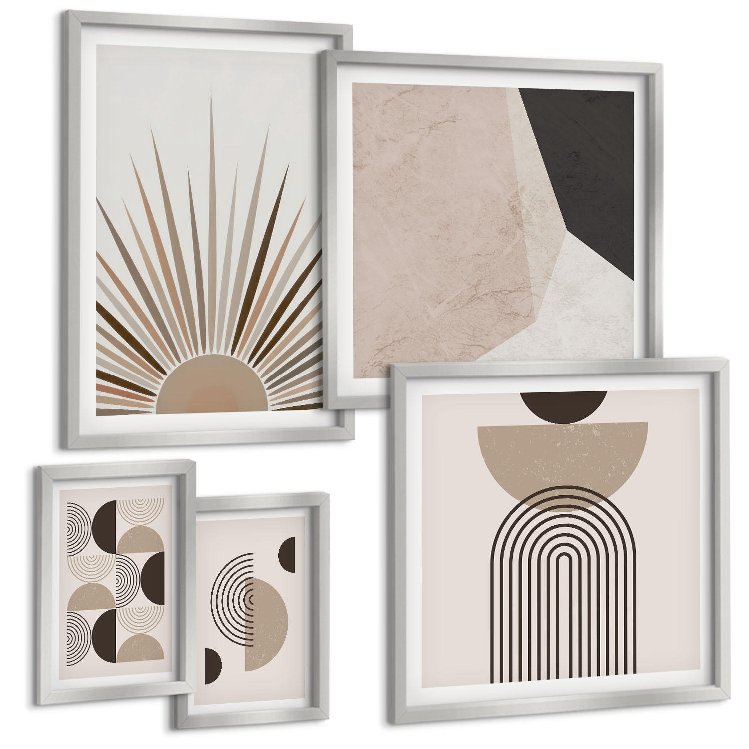 BILDER SET 5er Set - 50x50 cm & 20x30 cm & 40x60 cm Silberner Rahmen - Abstrakte beige und braune Formen - Silberfarben, Kunststoff (40/60cm) - TULUP