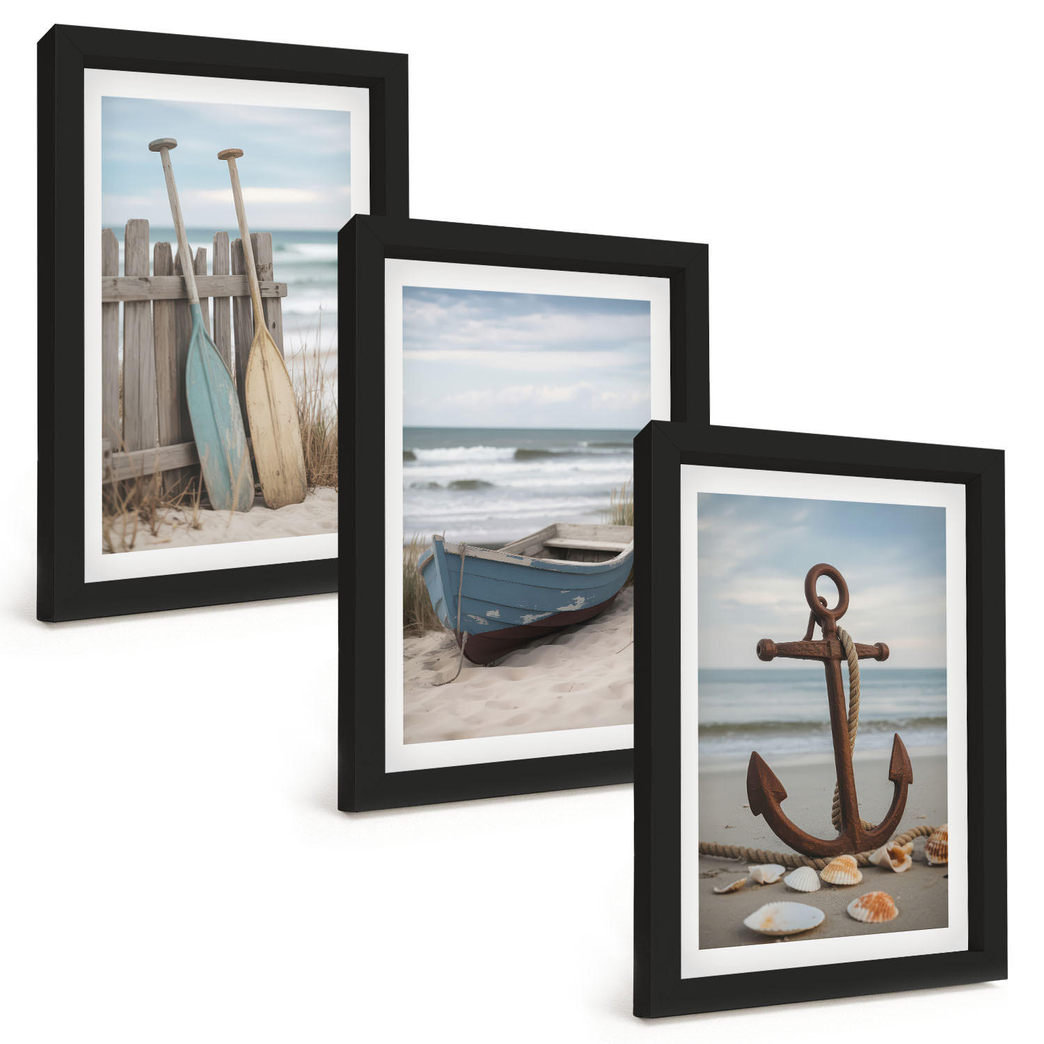 BILDER SET 3er Set - 20x30 cm Schwarzer Rahmen - Strandbootanker Sand - Schwarz, Kunststoff (20/30cm) - TULUP