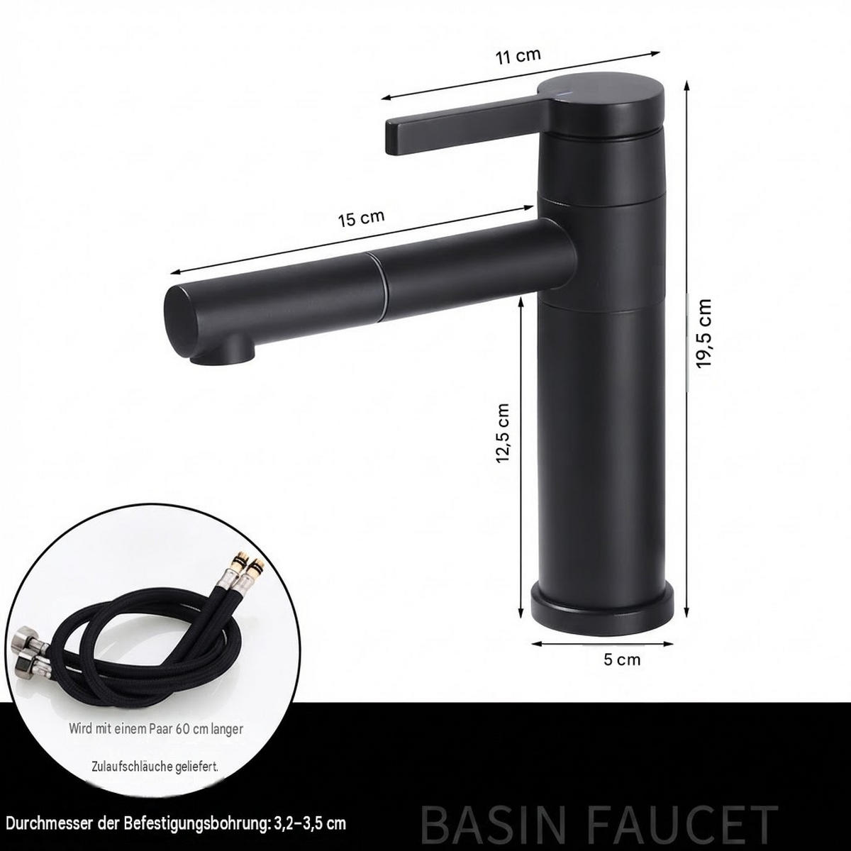 BADEZIMMERARMATUR, 19,5 x 5 cm, schwarz - Schwarz, Metall (36.7/6.5/24cm) - Vallsero