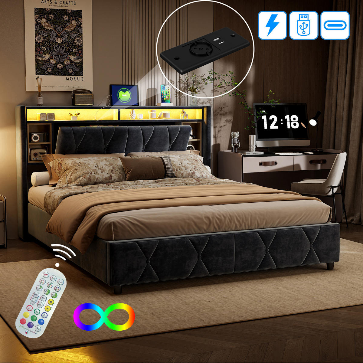 POLSTERBETT 160/200 cm mit Stauraum‑Kopfteil, LED‑Beleuchtung & USB‑Anschluss, Samtbett mit integrierter Ablage - Grau, Holz/Metall (160/200cm) - Joyfair