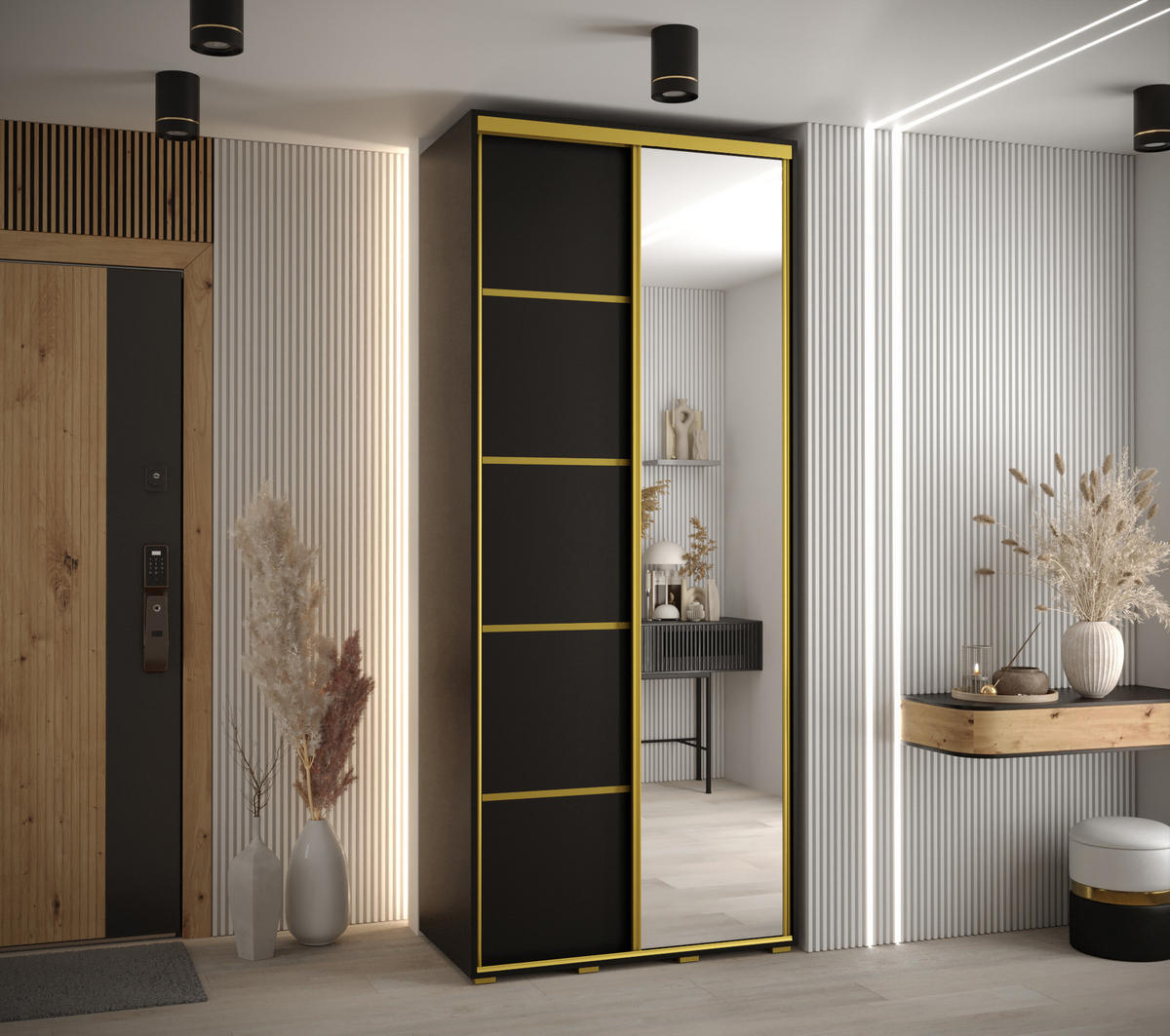 SCHWEBETÜRENSCHRANK 235,2/120/60 2-türig - Goldfarben/Schwarz, Holz/Metall (120/235/60cm) - Abiks Möbel