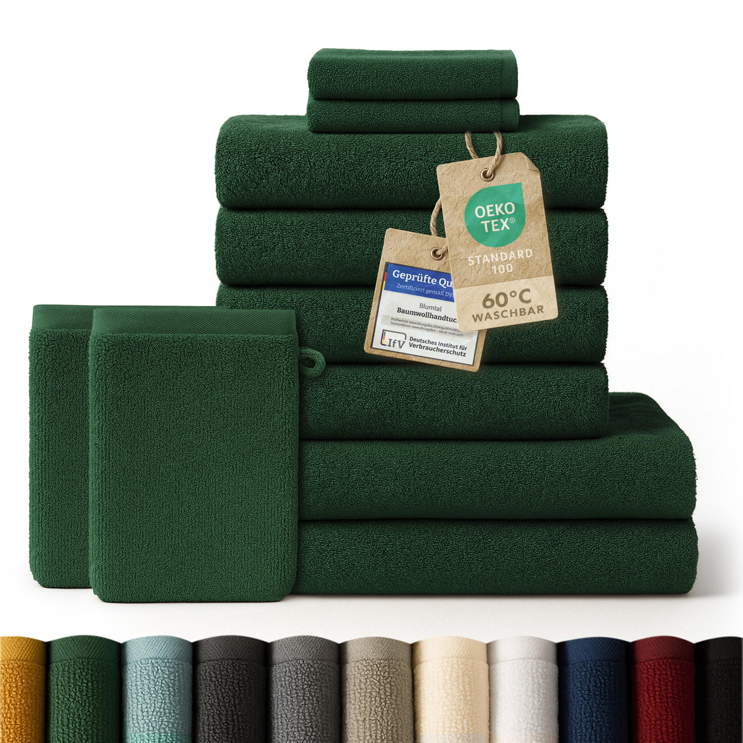 HANDTUCH 8-teilig, 2x Badetuch 70/140 + 4x Handtuch 50/100 + 2x Gästetuch 30/30 + 2x Waschlappen 15/20 cm, Dunkelgrün - Dunkelgrün, Textil (70/140cm) - Blumtal