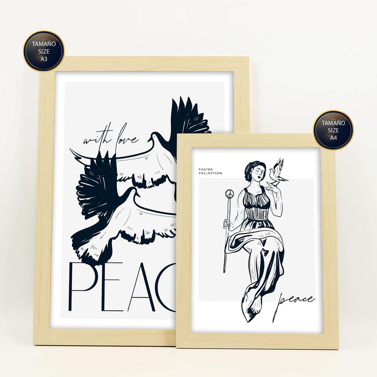 POSTER Set Mit 6 In Schwarzer Tinte Friedenstauben Kunstdrucke Von Meer Und Ozean Für Innenarchitektur A3 & A4 Rahmen Aus Hellem Holz - Beige, Papier (29/3cm) - Nacnic