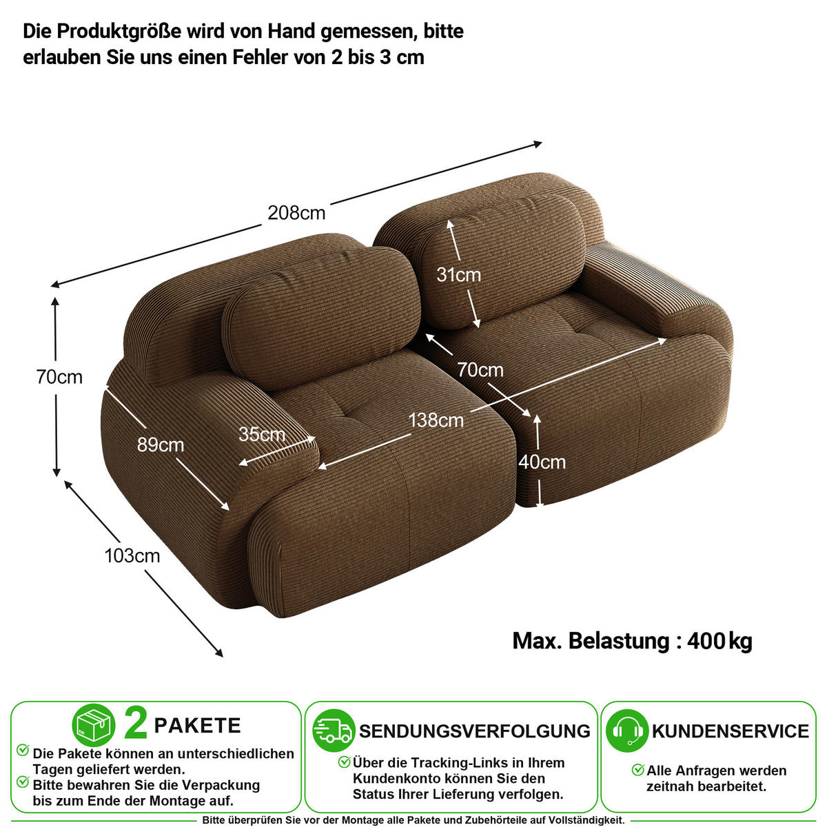 SOFA 2-Sitzer in Braun aus Cord mit modularem Design und geschwungenen Armlehnen - Braun, Textil (208/75/103cm) - CHICFURN