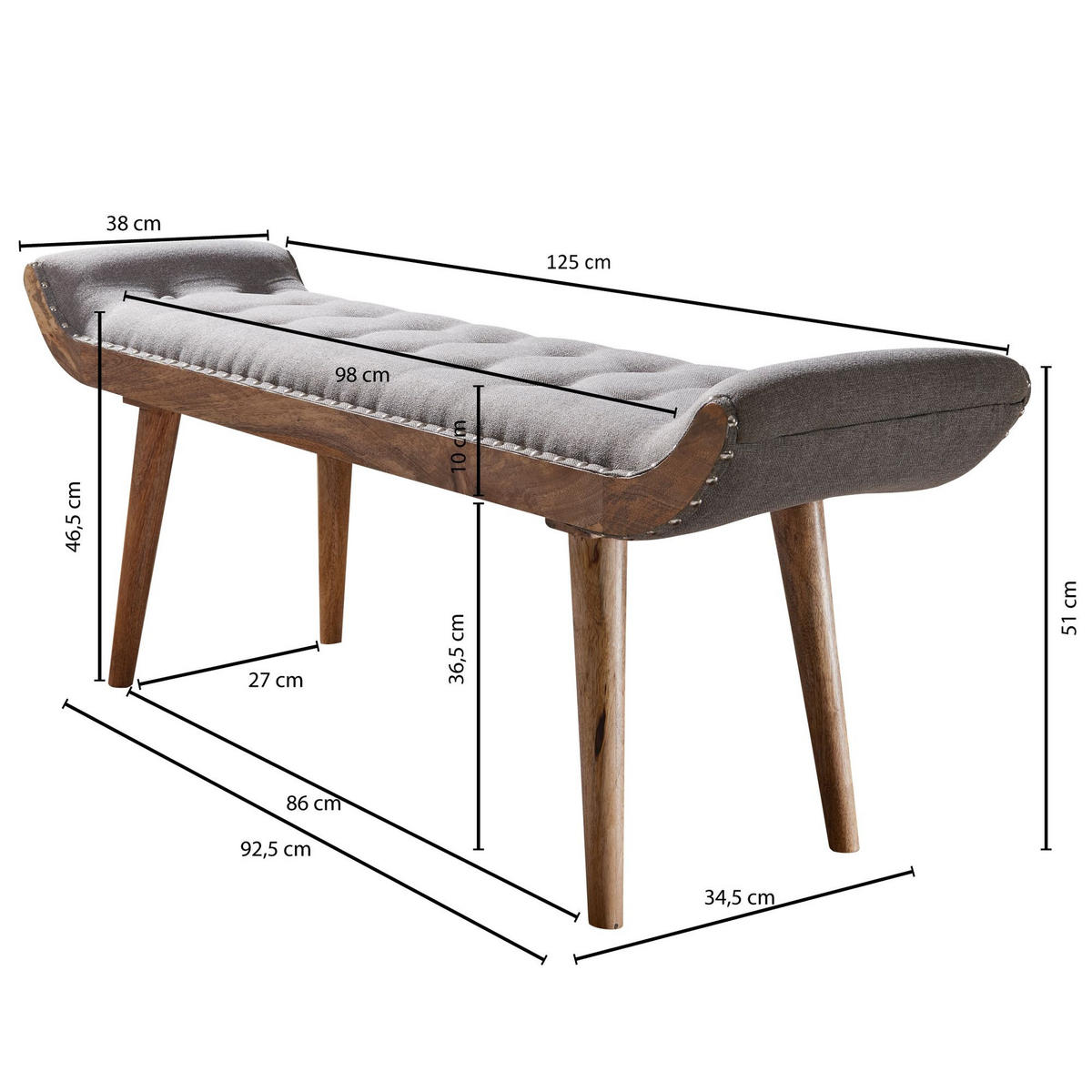 SITZBANK Massivholz Chesterfield Muster, Grau 125x38x50 cm - Braun/Grau, Mangoholz/Textil (125/50/38cm) - KADIMA DESIGN
