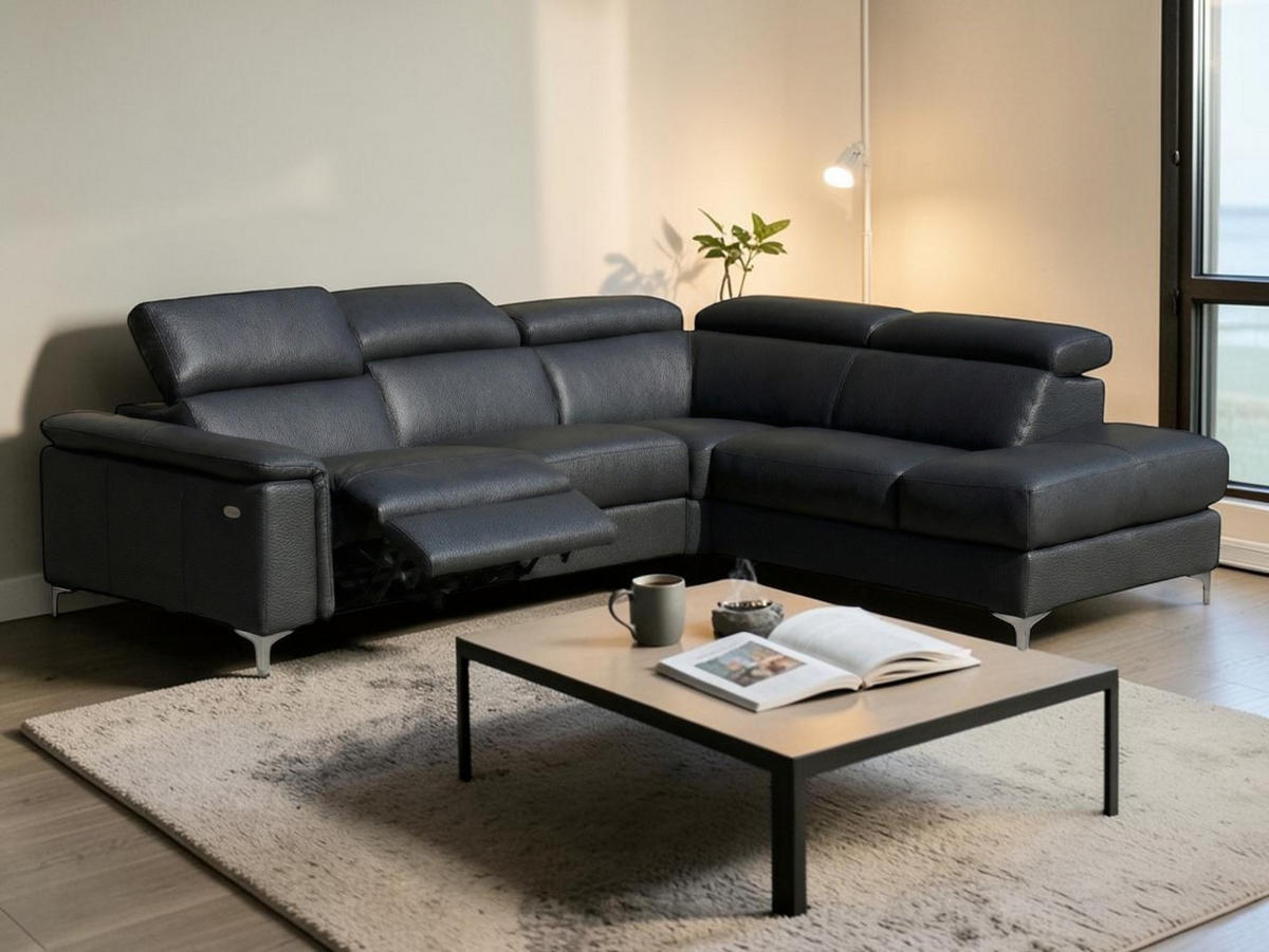 ECKSOFA Avenger Echtleder mit 1 x Relaxfunktion Schwarz - Schwarz, Leder/Metall (271/81/224cm)