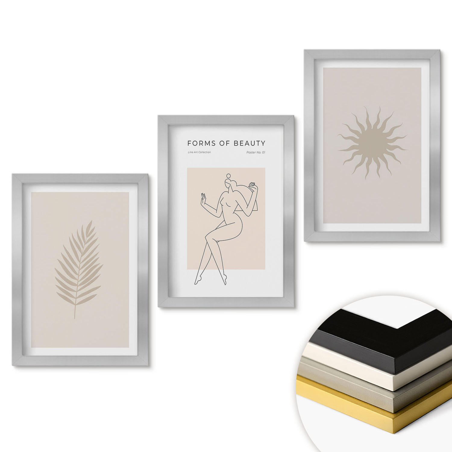 WANDBILDER 3er Set - 20x30 cm Silberner Rahmen - Eine Sammlung minimalistischer Formen - Silberfarben, Kunststoff (20/30cm) - ArtPrintCave