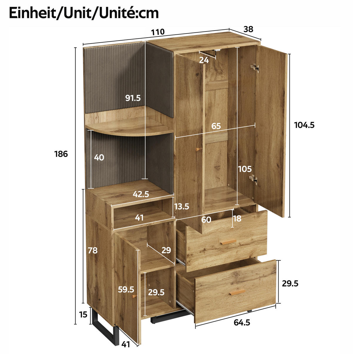 STANDGARDEROBE 110/38/186 cm in Natur/Schwarz mit Kleiderstange und Schubladen - Naturfarben, Holzwerkstoff (110/186/38cm) - BEAOK