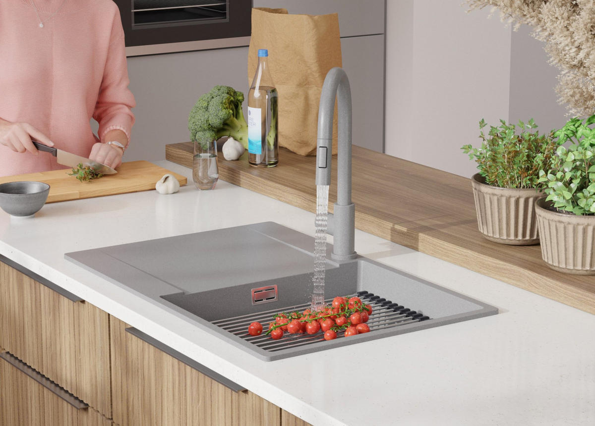 SPÜLBECKEN San Francisco, 2-er set Grau 78/50 cm 1 Becken + Ablauf-Set + Aufrollbare Abtropffläche ab 50er Unterschrank - Chromfarben/Grau, Kunststoff (78/20/50cm) - Primagran