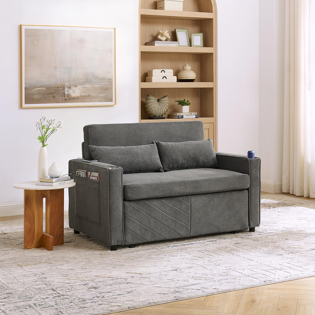 SCHLAFSOFA 134/82/73 cm Dunkelgrau mit USB Charging und Aufbewahrungstasche - Dunkelgrau, Textil (134/73/195cm) - Oxeza