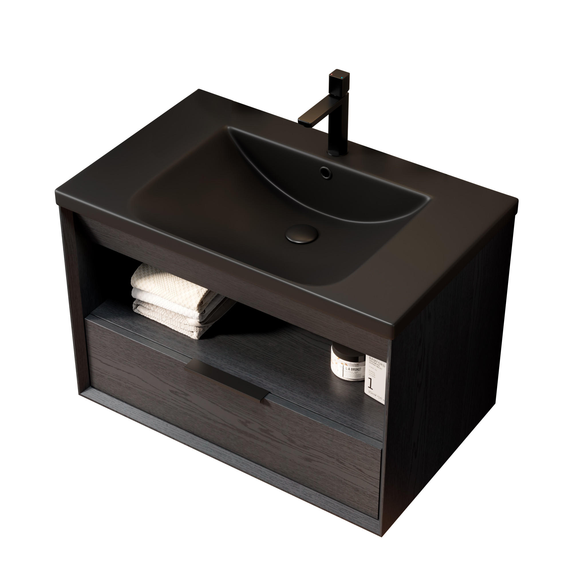 WASCHTISCHKOMBI 75 cm aus Keramik mit Schublade und offenem Regal - Schwarz, Keramik (74.5/51.5/46.5cm) - OKMYHOME
