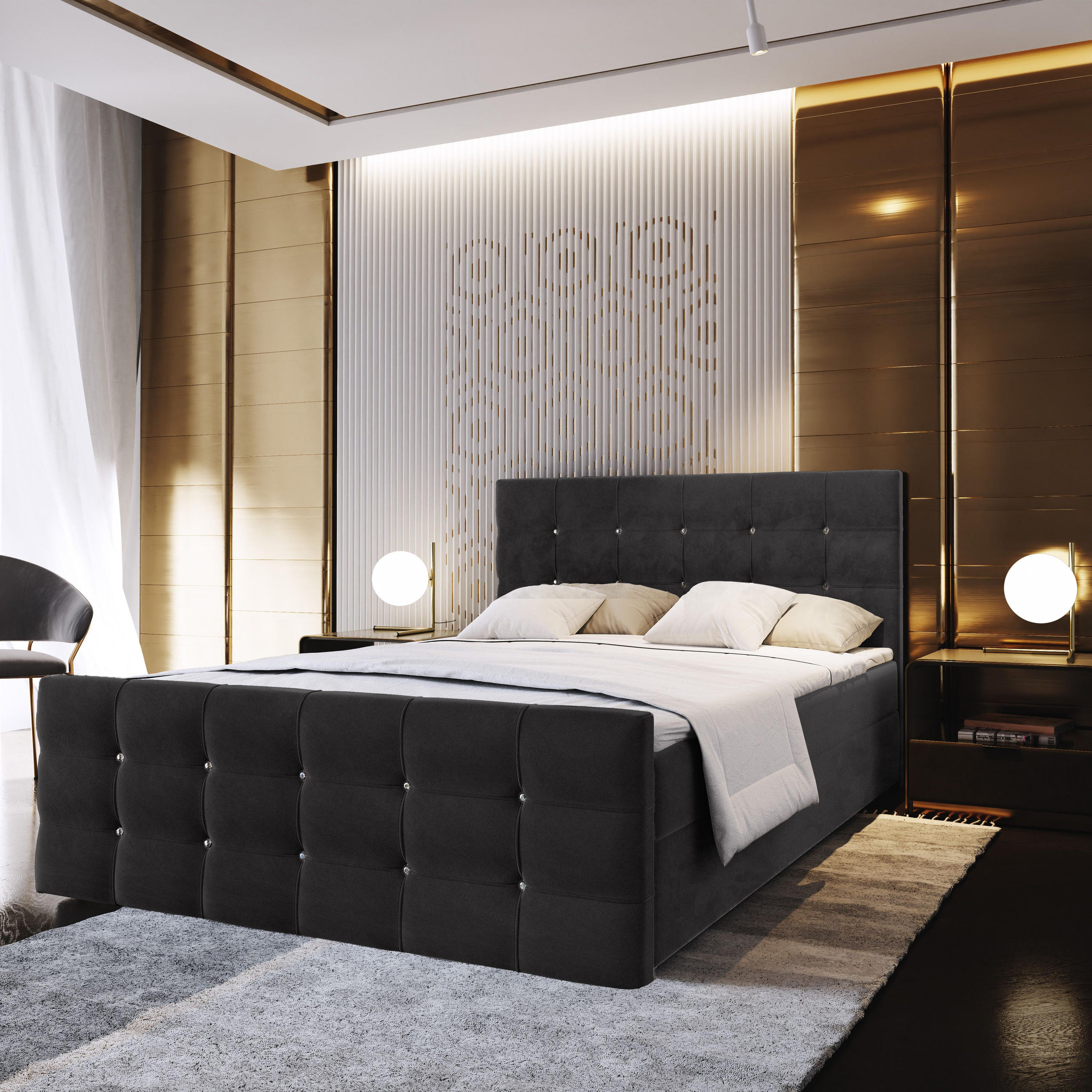 BOXBETT SLAT 180x200 cm mit Matratze und Topper - Schwarz - Schwarz, Holz (180/200cm) - MASSENO