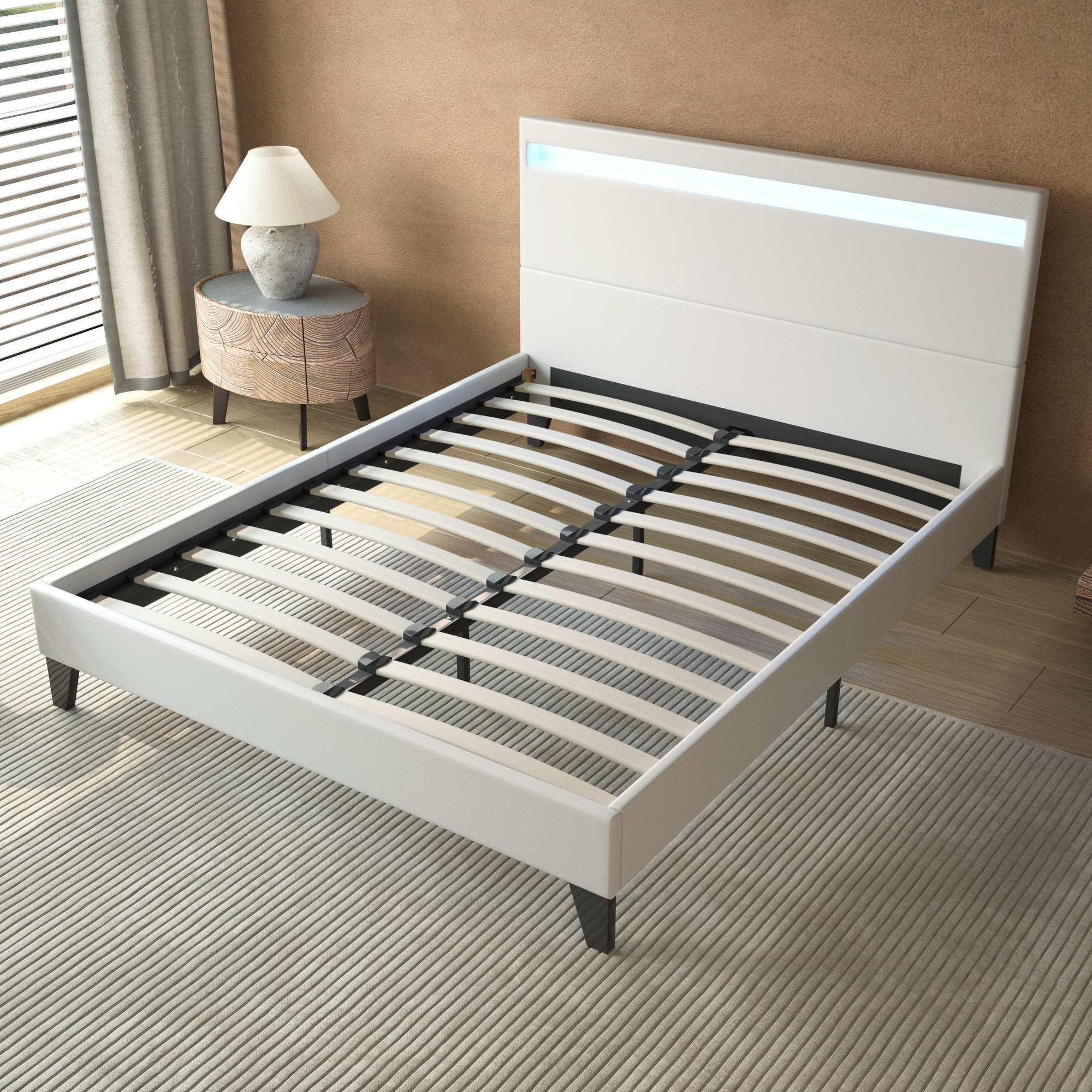 BETT 140x190 cm mit Kopfteil aus weißem Kunstleder - Schwarz/Weiß, Naturmaterialien/Holz (140/190cm) - November Sleep