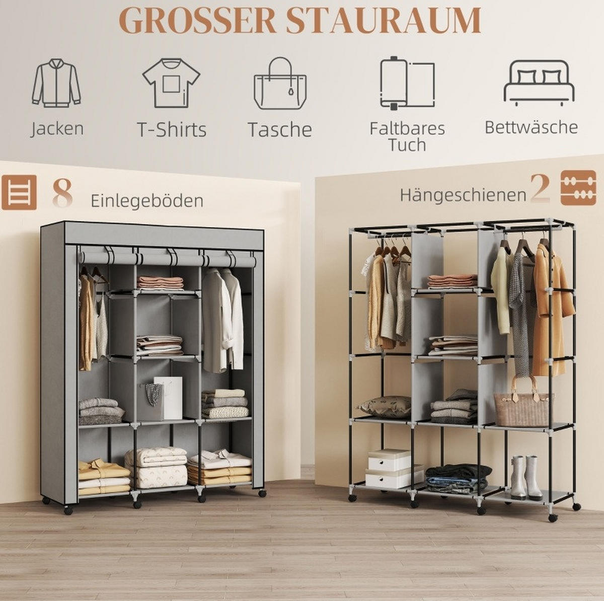 KLEIDERSCHRANK aus Stoff 125x43x162,5 cm Hellgrau mit 8 Fächern, 2 Kleiderstangen und Staubschutz - Hellgrau, Textil (125/162.5/43cm) - Modfu