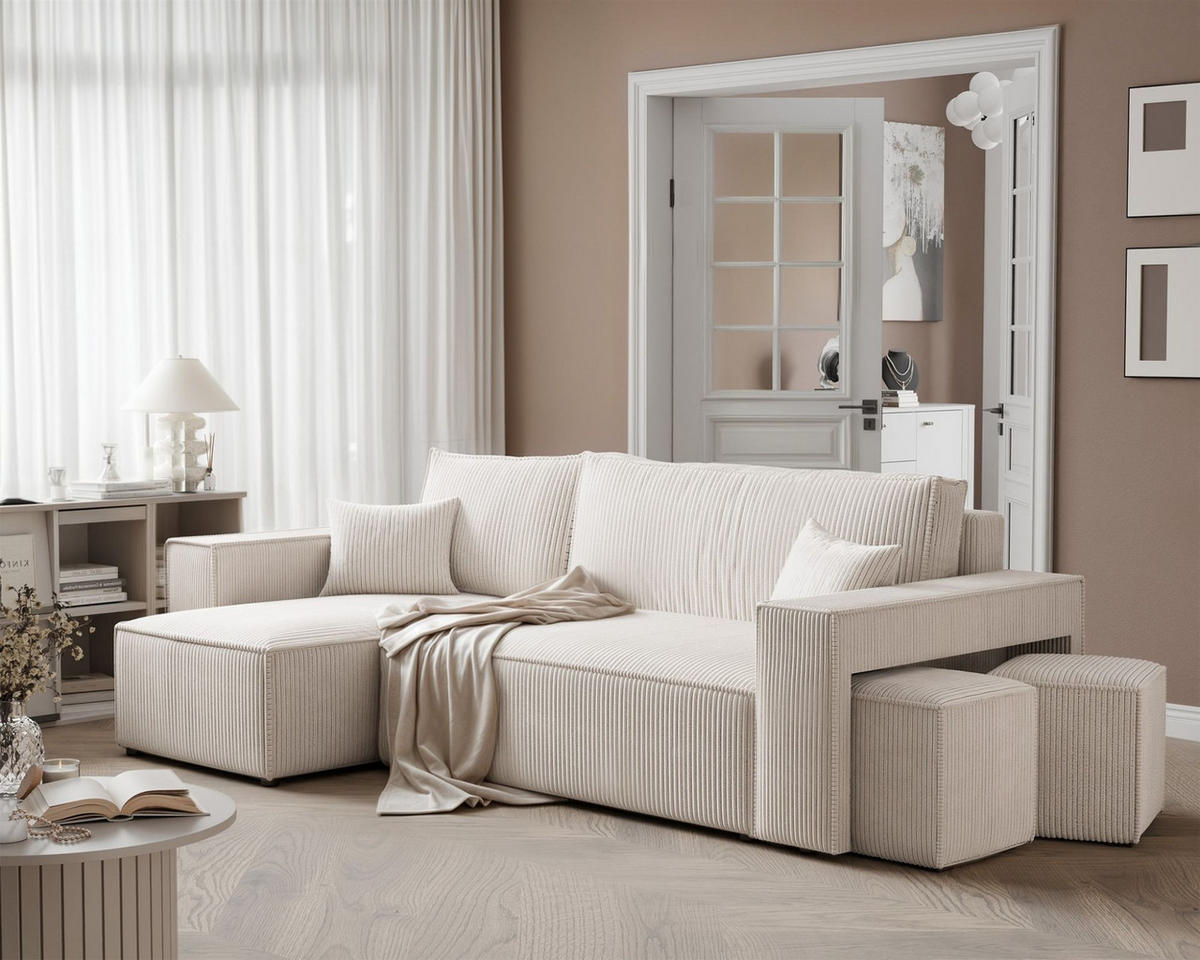 ECKSOFA Adara Inkl. Hocker - Weiß, Holzwerkstoff/Textil (262/145cm) - Fun Möbel