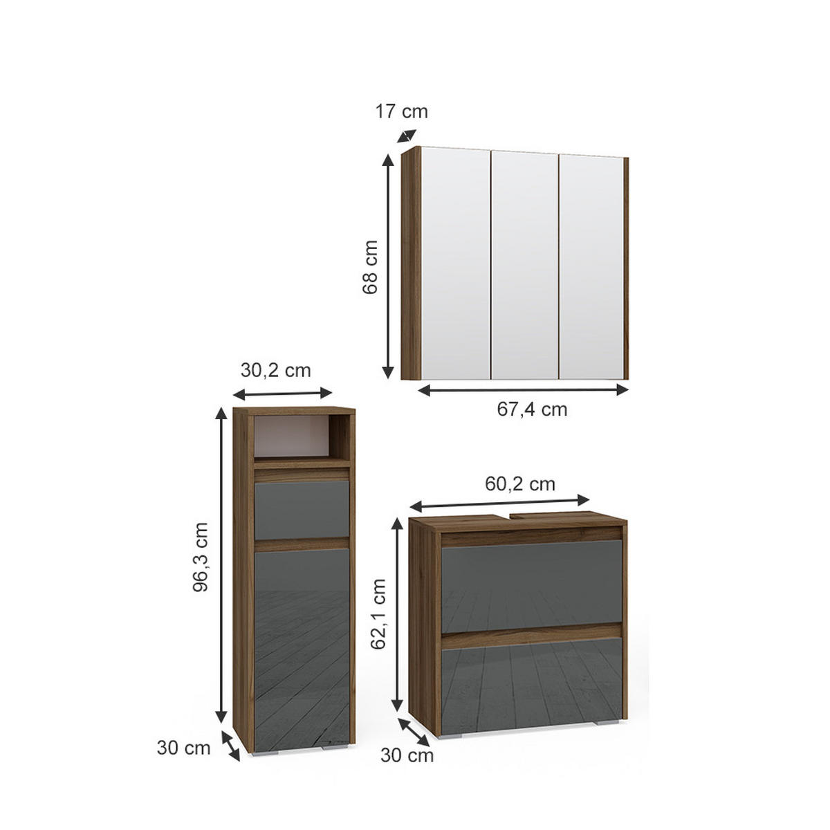 BADMÖBEL-SET Majest Anthrazit 3 Teile - Anthrazit/Walnussfarben, Holzwerkstoff (60/62/30cm) - Vicco