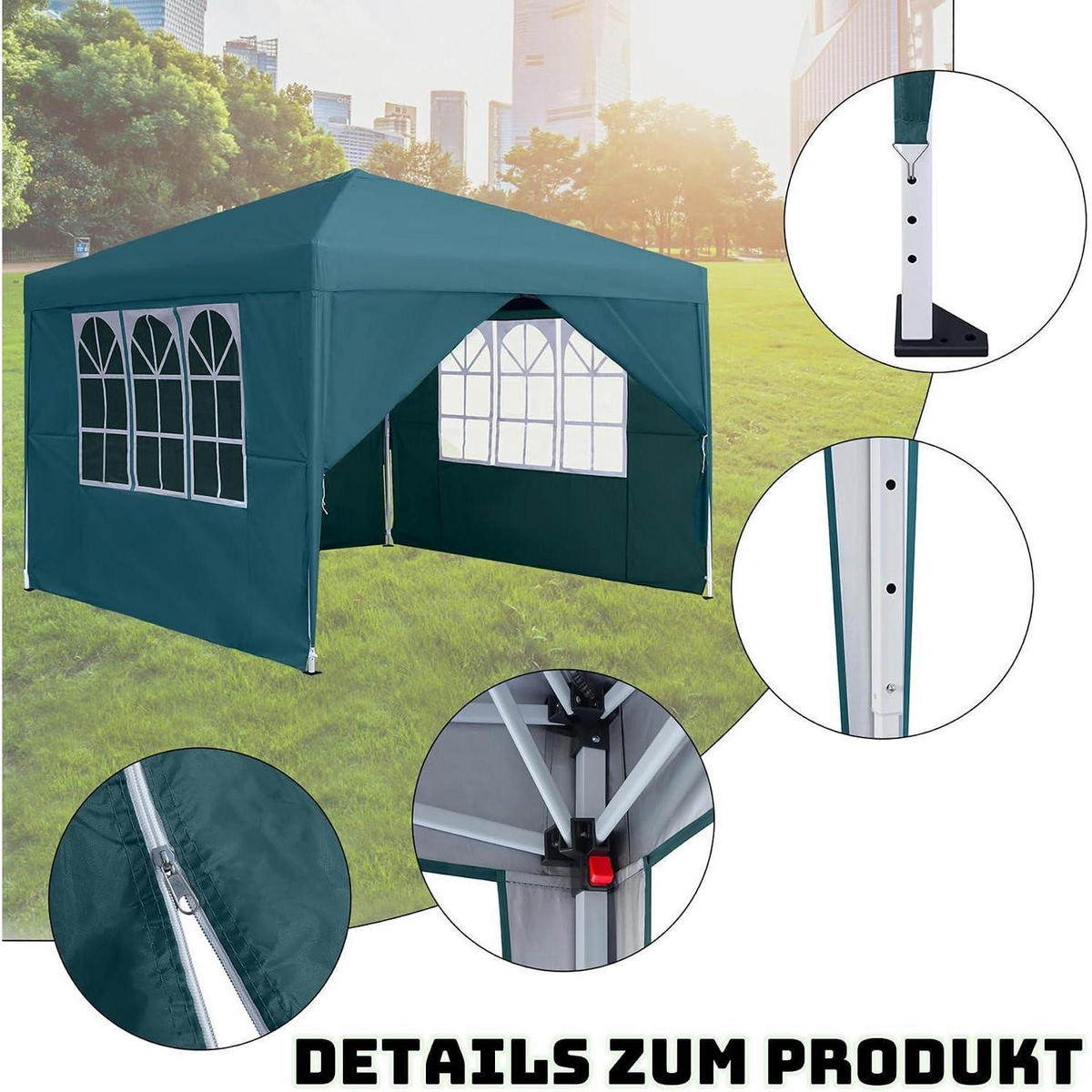 FALTPAVILLON 3 x 3 m mit 4 Seitenteilen und Fenstern Grün - Petrol, Textil (300/260/300cm)