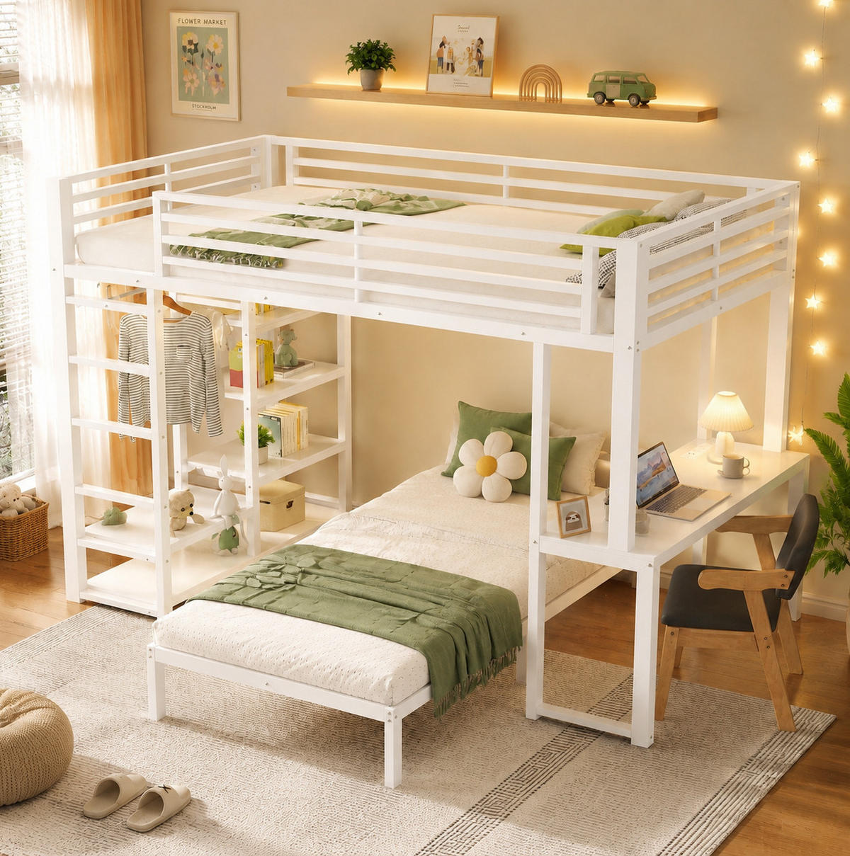 HOCHBETT Metall & MDF 90x200 cm Weiß mit Schreibtisch, Regalen und Kleideraufbewahrung - Weiß, Holzwerkstoff (90/200cm) - Modfu