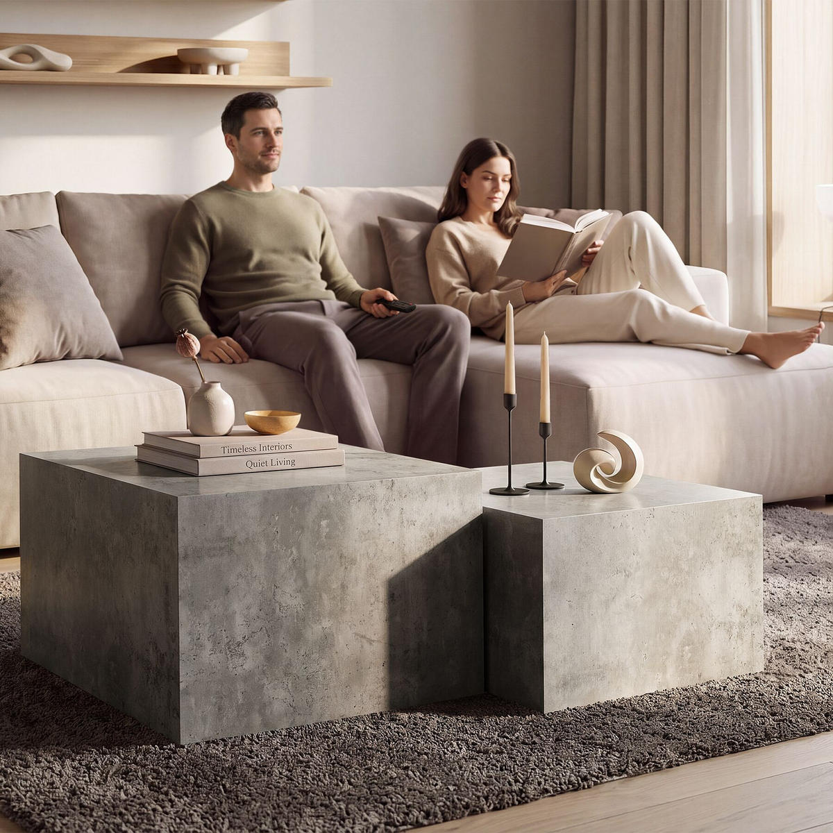 COUCHTISCH 2er Set Lacey, inkl. Filzschoner, Belastbarkeit 45 kg, Beton Optik - Grau, Holz (60/60/40cm) - tectake