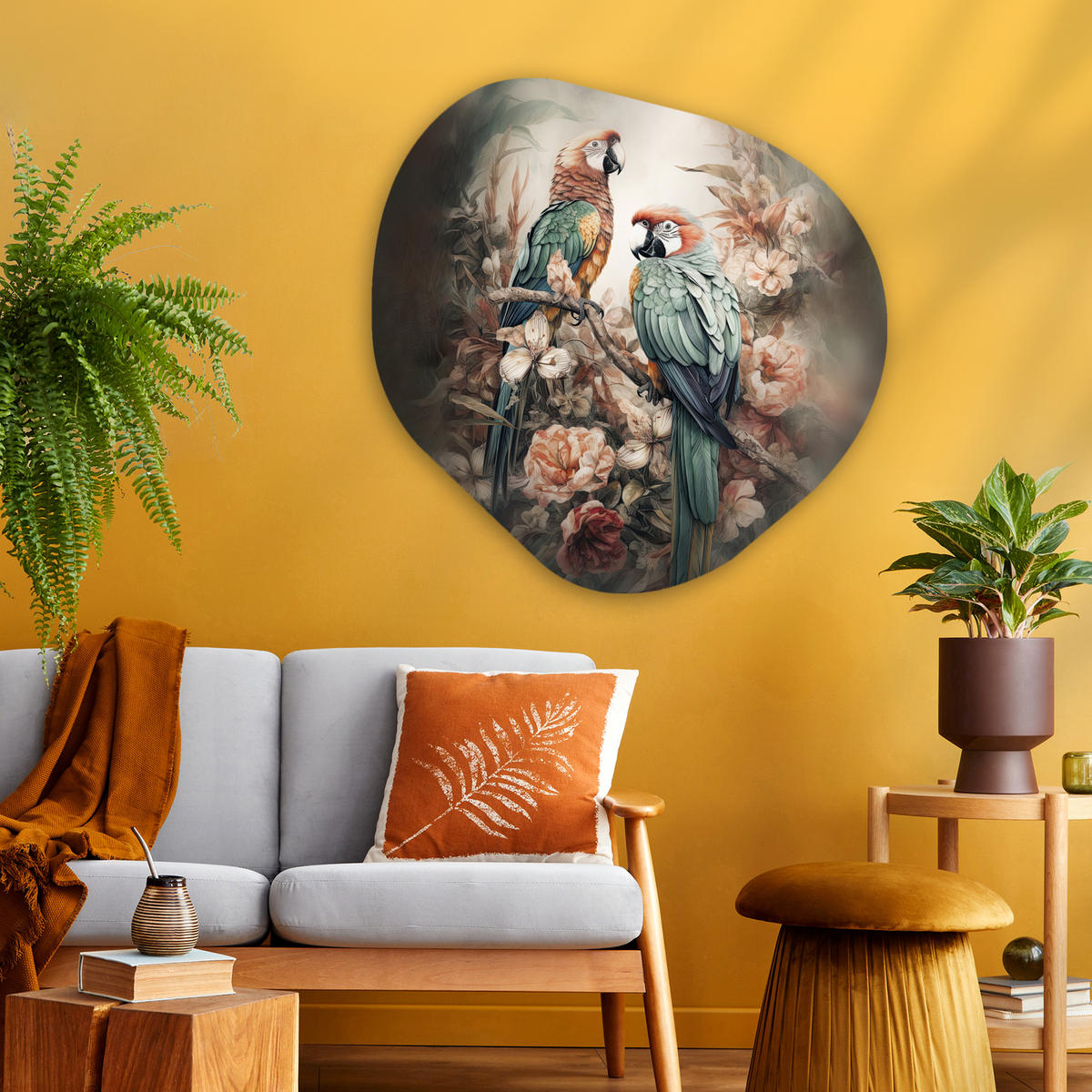 WANDBILD Papageien - Vögel - Natur - Blumen 90x90 cm - Baltimorefarben, Kunststoff (90/90cm) - MuchoWow