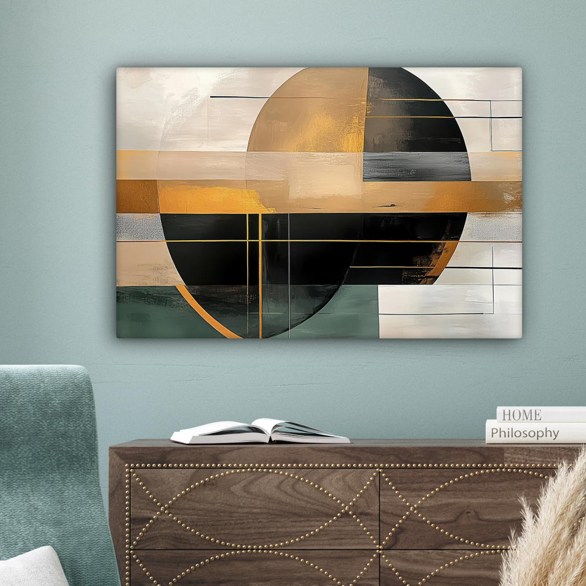 LEINWANDBILD - Abstrakt - Gold - Bronze - Grün - Formen - Modern - 90x60 - Deko Wohnzimmer - Multicolor, Textil (90/60cm) - MuchoWow