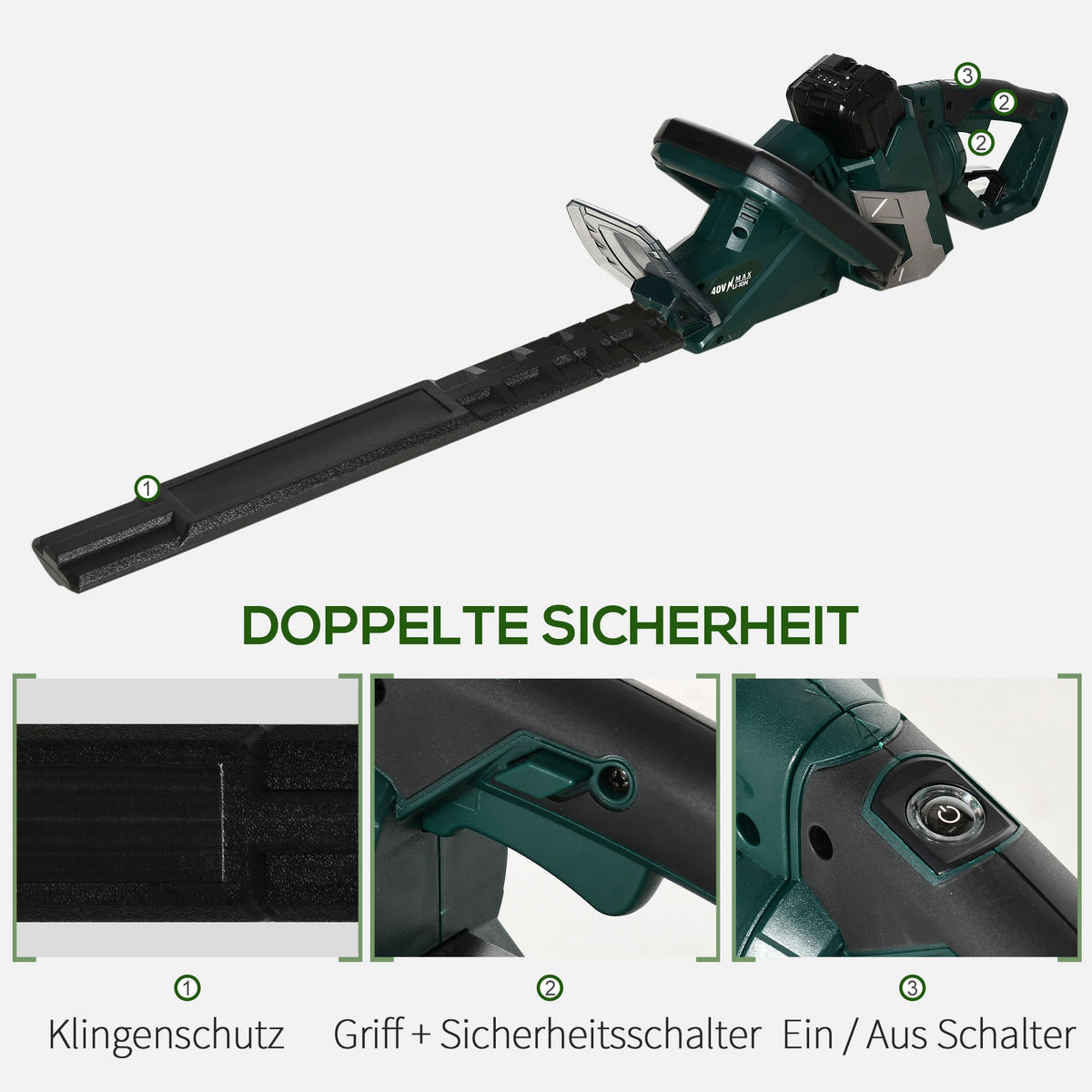 ELEKTRISCHER Heckenschere Heckenschneider Kabellos 52cm Schnittlänge Drehgriff - Grün, Metall (20/20/110cm) - DURHAND