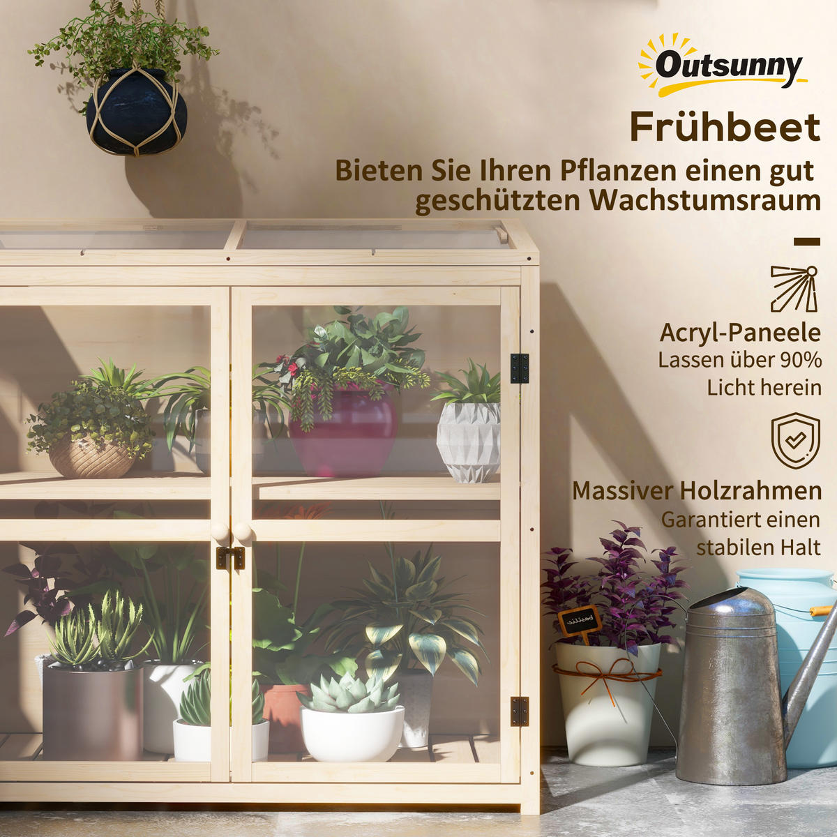 GEWÄCHSHAUS 2-Stufiges Hochbeet mit Dachfenster, Doppeltür, Acryl, Tannenholz, Natur - Fichtefarben, Holz/Kunststoff (61/103/103cm) - Outsunny