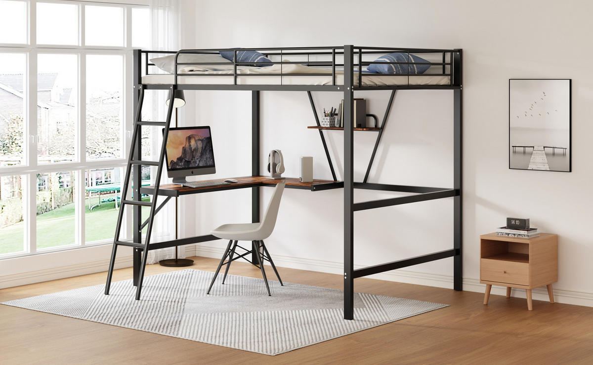 HOCHBETT 90/200 cm aus Metall mit L-förmigem Schreibtisch und Regal Schwarz - Schwarz, Metall (90/200cm) - Modenvie