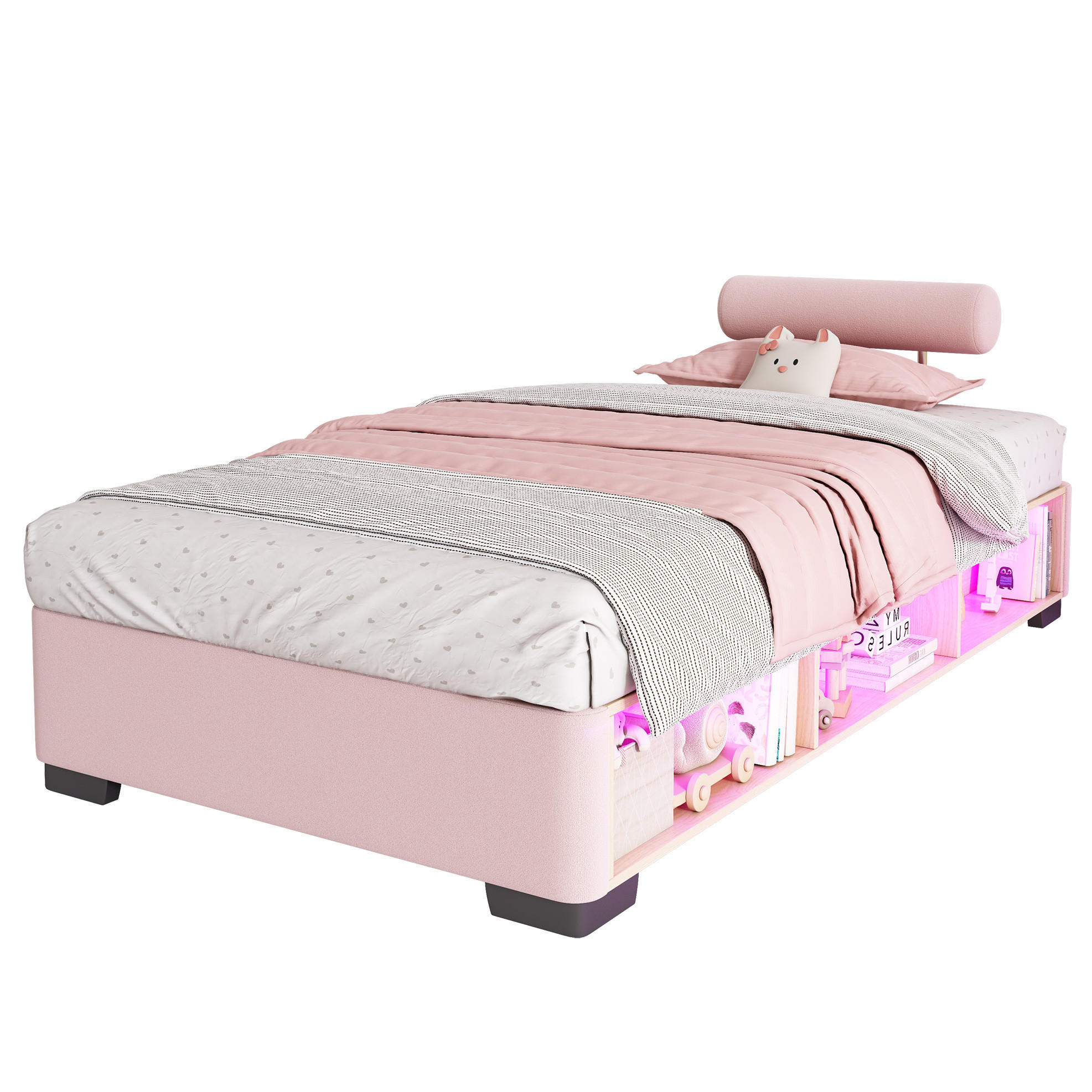 POLSTERBETT 90/200 cm Rosa mit LED und Stauraum ohne Matratze - Rosa, Textil (90/200cm) - MIVRAY