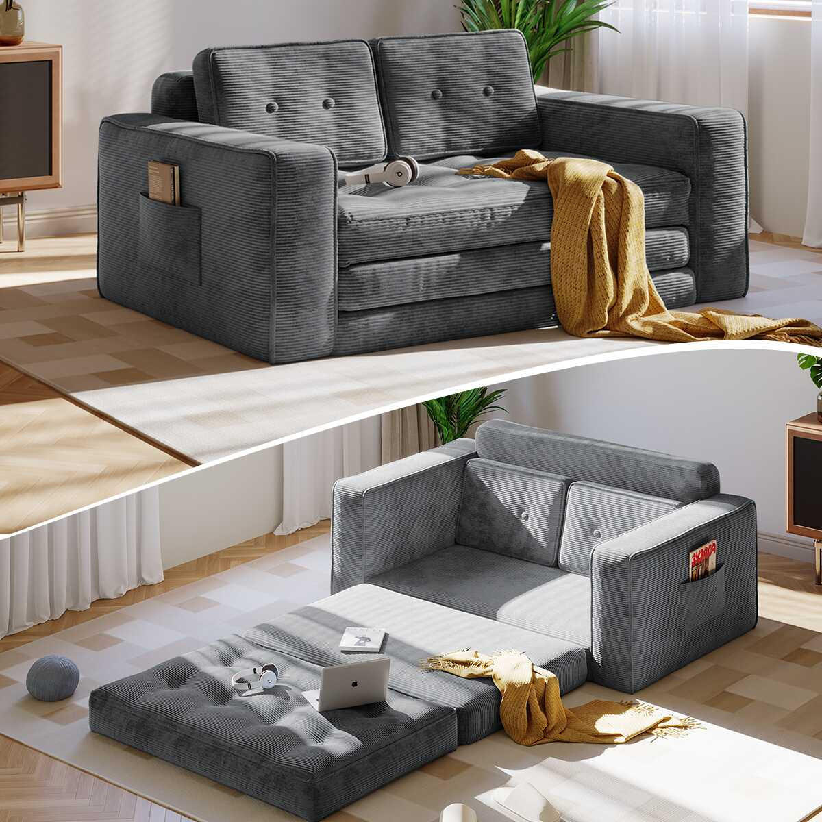 SOFA 2-Sitzer, 143 CM, mit 2 Kissen und Armlehnen,für Wohnzimmer, Schlafzimmer,aus Cord,Grau - Grau, Textil (92/42/143cm)