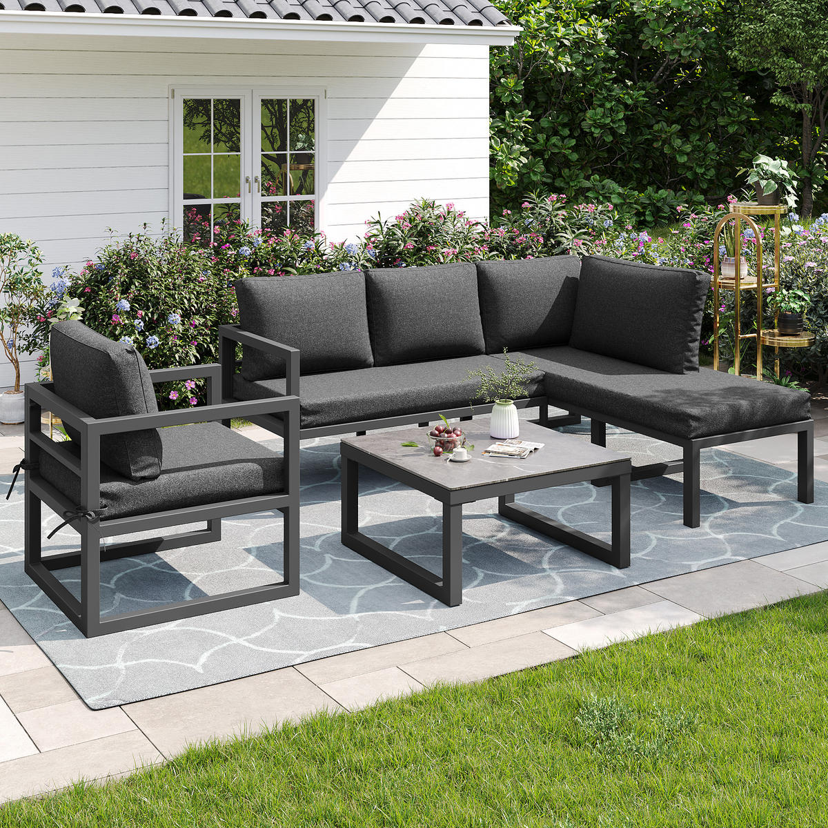 SEIL Gartenmöbel Set Ecksofa mit Eisenrahmen verstellbaren Beinen und Sitz Rückenkissen Grau - Grau, Metall