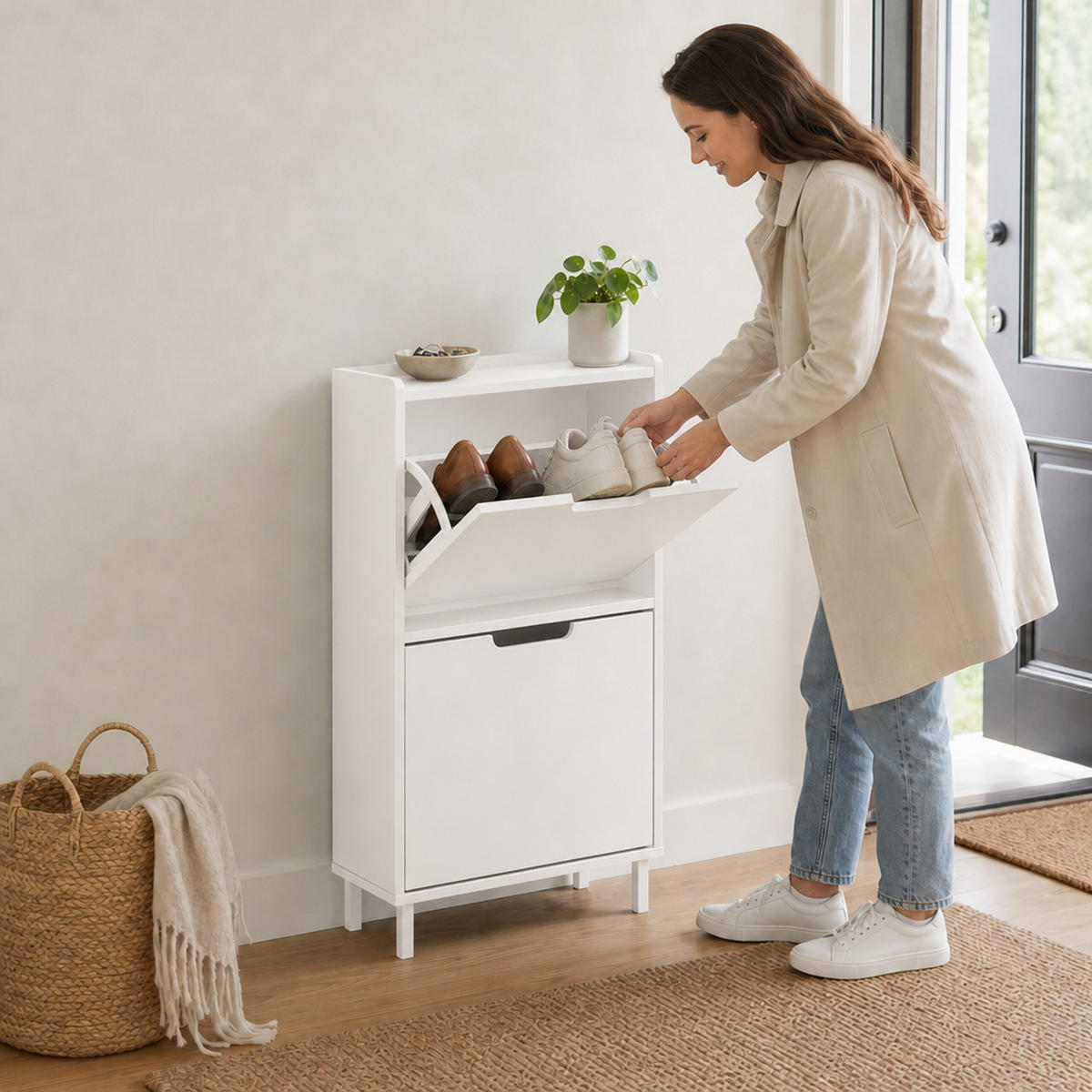 SCHUHSCHRANK Weiß 2 Klappen Metallbeine 91x50x19 cm - Weiß, Holzwerkstoff/Metall (50/91/19cm) - Relaxdays