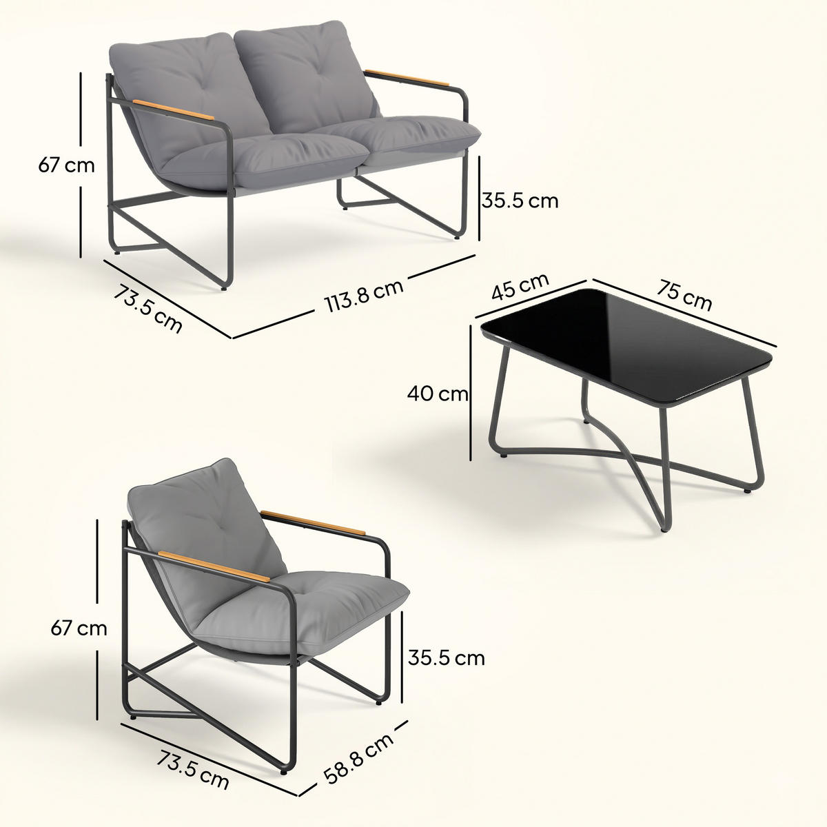 GARTENMÖBEL-SET, Stoff 4+2-sitzig 3-teilig, hellgrau - Grau, Metall - Vallsero