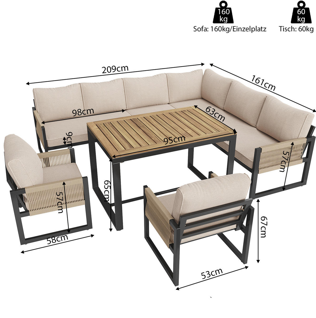 GARTENMÖBEL-SET 95/63/65 cm beige aus Metall und Polyester, modular - Beige, Metall - OKWISH