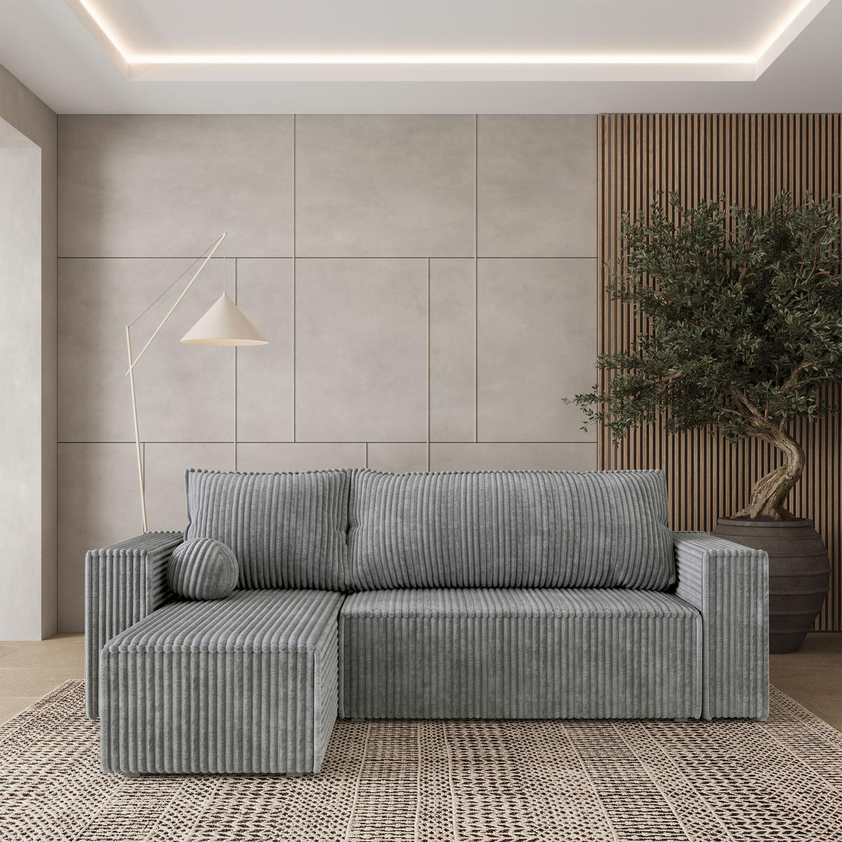 ROHOVÁ SEDAČKA RAVELO světle šedá - šedá/světle šedá, dřevo/textil (240/140cm) - MASSENO