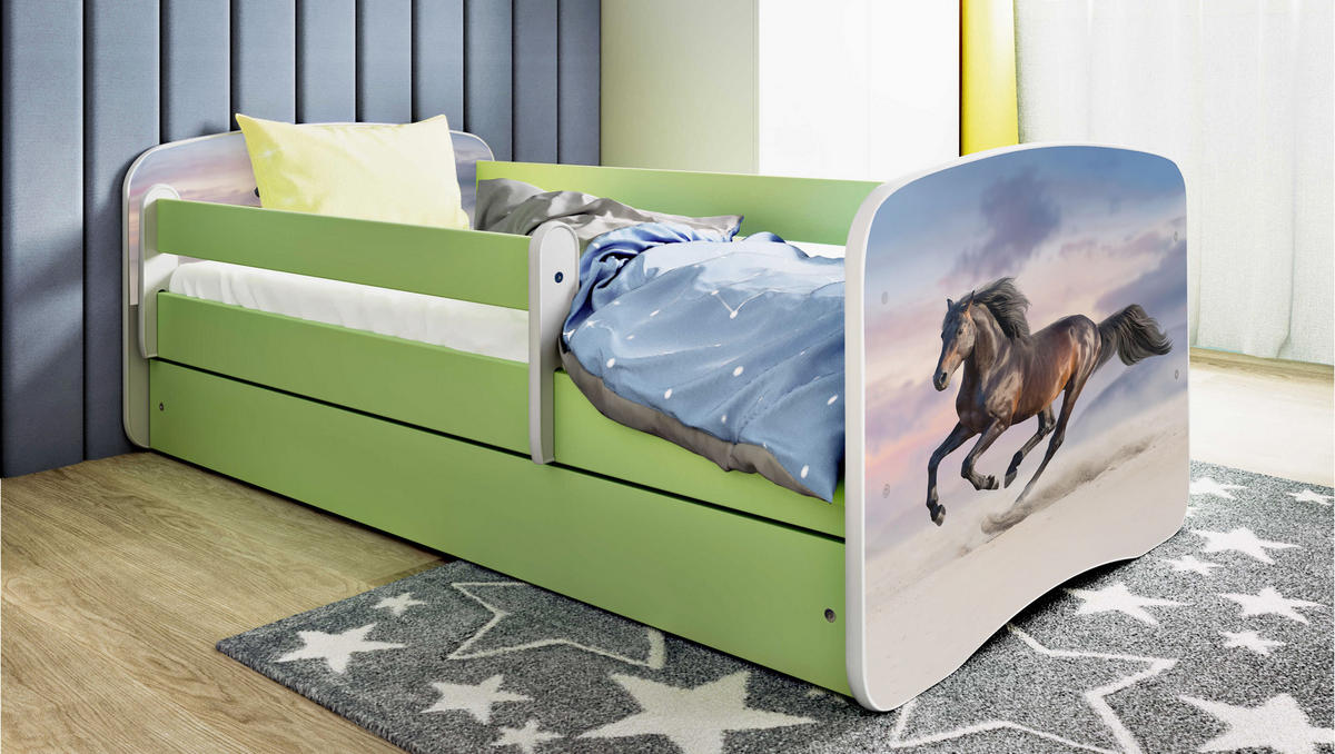 KINDERBETT Pferd im Galopp mit Schublade und Matratze 140/70 - Grün, Holzwerkstoff (70/140cm) - RAUMHIRSCH FURNITURE