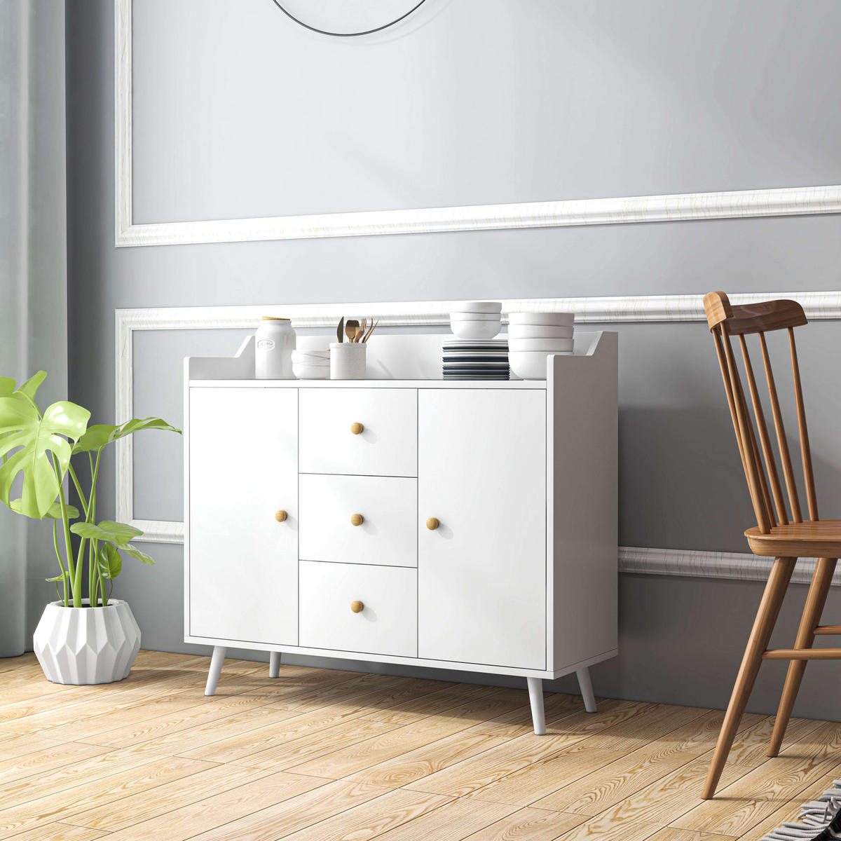 SIDEBOARD Weiß, 2 Türen, 3 Schubladen, 90/32/80 cm - Weiß, Holz (90/80/32cm) - PANGIVO