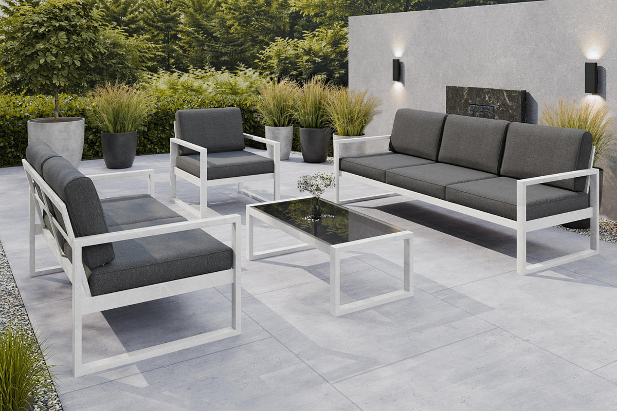GARTENSET Madera für 6 Personen Balkonmöbel Aluminium Terassenmöbel Sitzbank, 4-tlg. Tisch, weiß, dunkelgrau - Dunkelgrau/Weiß, Kunststoff/Metall - Margaret Hadas24