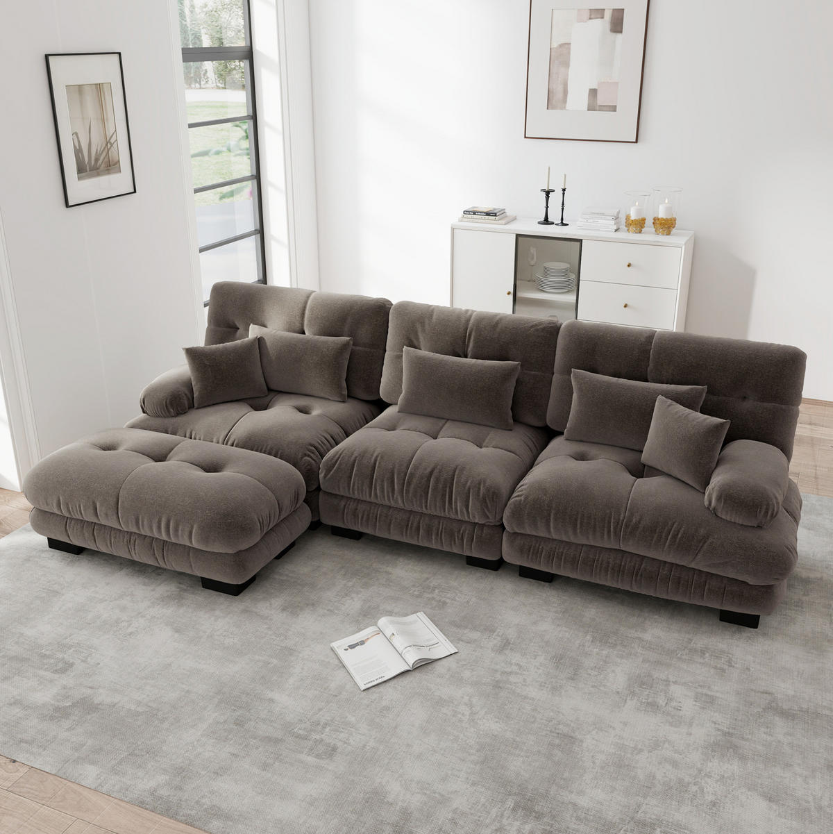 SOFA modular Chenille Brown mit Ottomans - Dunkelgrau, Kunststoff (145/313.1cm) - Meubliv