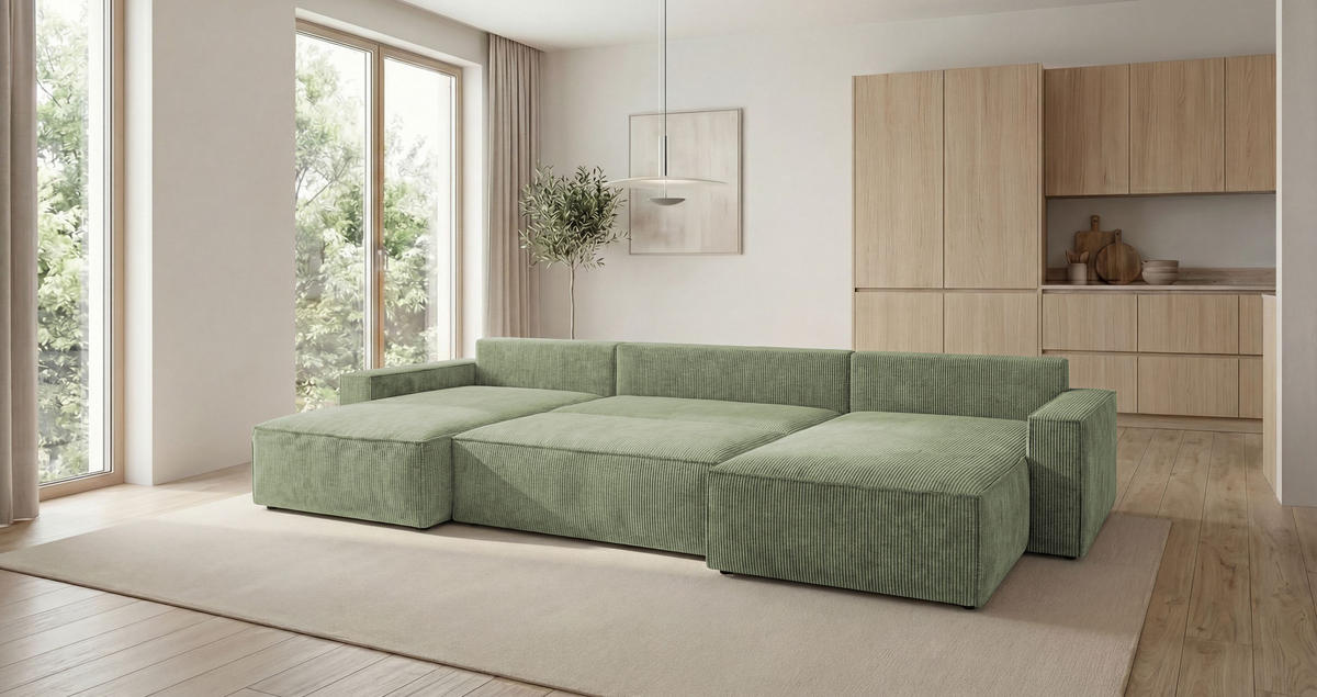 SEDACÍ souprava VIENNA tvar U světle zelená manšestr Poso 47 - funkce spaní, úložný prostor - světle zelená, textil (385/86/185cm) - Cornero
