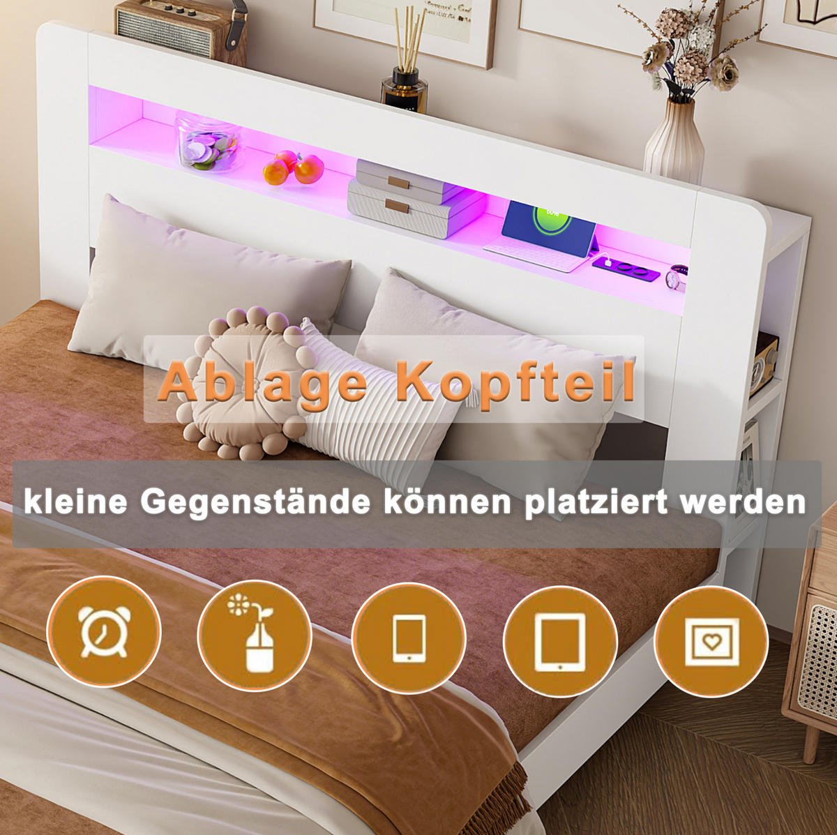 STAURAUMBETT 180/200 cm Weiß aus Holz mit LED und Kopfteil mit Stauraum - Weiß, Holz (180/200cm) - MIVRAY