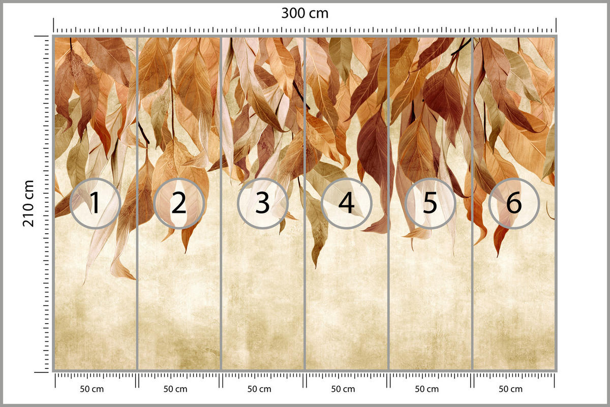 FOTOTAPETE Blätter Pflanzen Natur für Wohnzimmer 300x210 - Beige/Rot, Papier (300/210cm) - Muralo