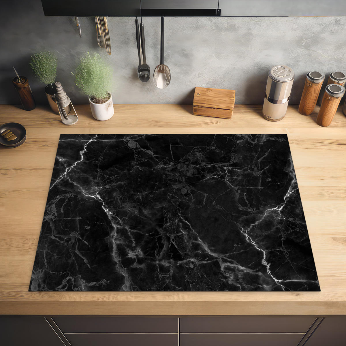 HERABDECKPLATTE - Marmor - Schwarz - Weiß - Textur - Marmoroptik - 80x55 - Silberfarben, Kunststoff (80/55/0.2cm) - MuchoWow