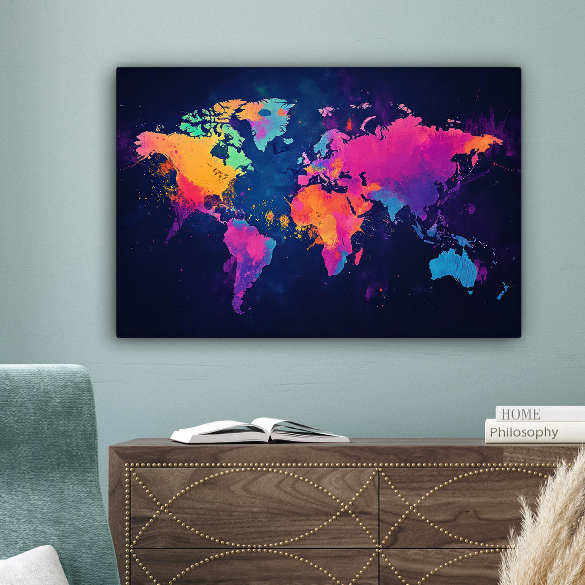 LEINWANDBILD Weltkarte - Bunt - Graffiti Wanddeko 90x60 cm - Multicolor, Textil (90/60cm) - MuchoWow