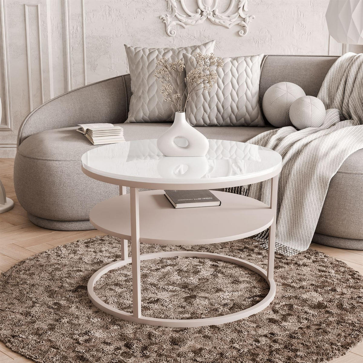 COUCHTISCH CIRI KASCHMIR Hochglanz mit Ablage Platte weißer Hochglanz - Weiß, Holzwerkstoff (70/70/49cm) - Lookway