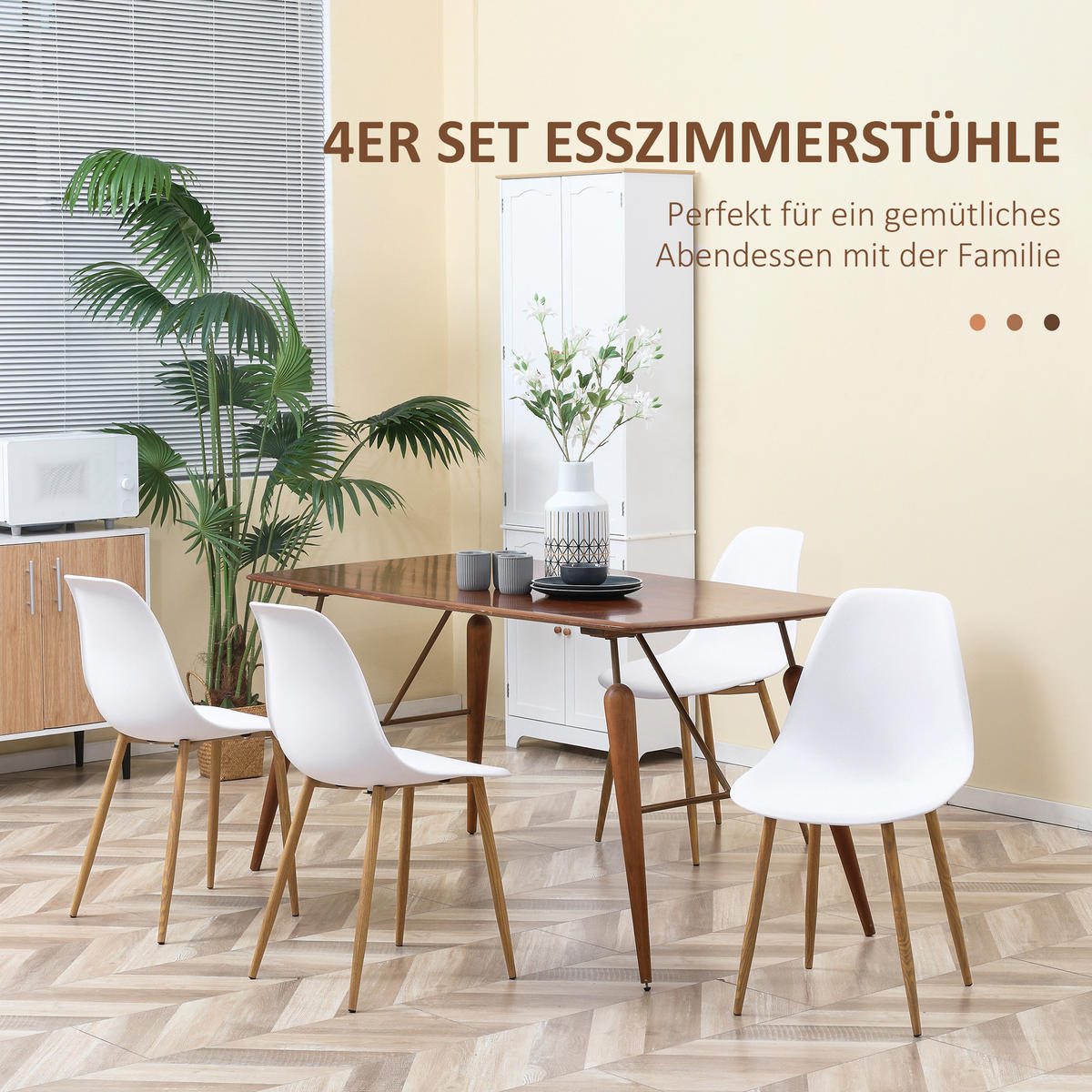 ESSZIMERSTUHL 4er-Set, Metallbeine in Holzoptik, rutschfeste Füße, bis 120 kg, Weiß/Holzdekor - Weiß, Kunststoff (52/85.5/45cm) - HOMCOM