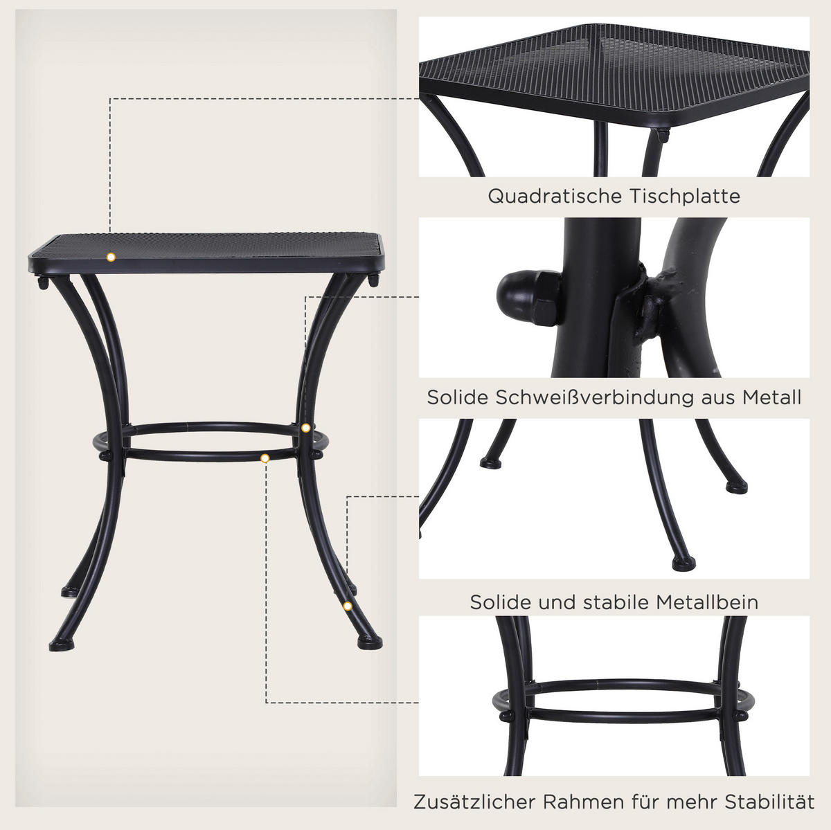 BEISTELLTISCH 45/45/50 cm mit Mesh-Tischplatte und pulverbeschichtetem Metallgestell, Schwarz - Weiß, Metall (45/45/50cm) - Redom
