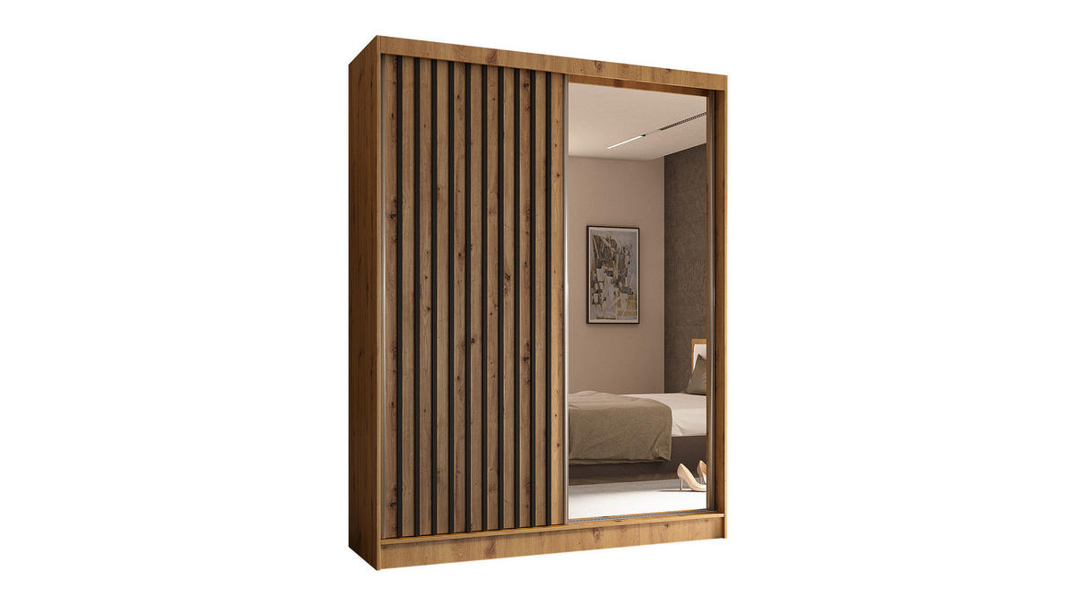 KLEIDERSCHRANK mit Spiegel-Schiebetüren und Aluminium-Leisten - LAMELO - 160 cm Artisan+Artisan+Schwarz - Schwarz/Eiche Artisan, Holzwerkstoff (160/216/61cm) - ALTDECOR