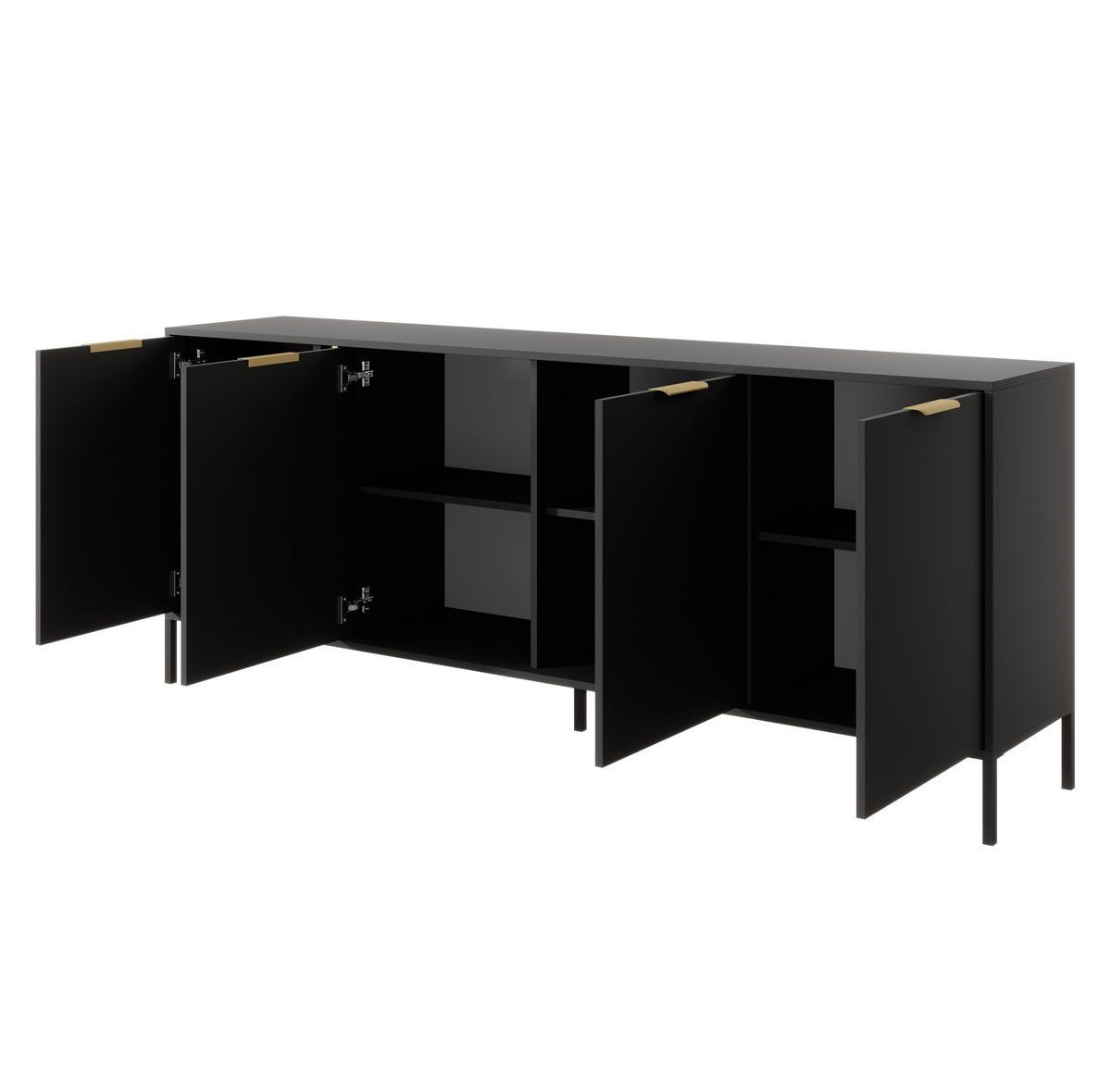 SIDEBOARD Catanian 4T Grau 202,9/81,4/39,5 cm – mit goldenen Griffen und schwarzen Beinen - Schwarz/Grau, Holzwerkstoff/Metall (202.9/81.4/39.5cm) - AX Living